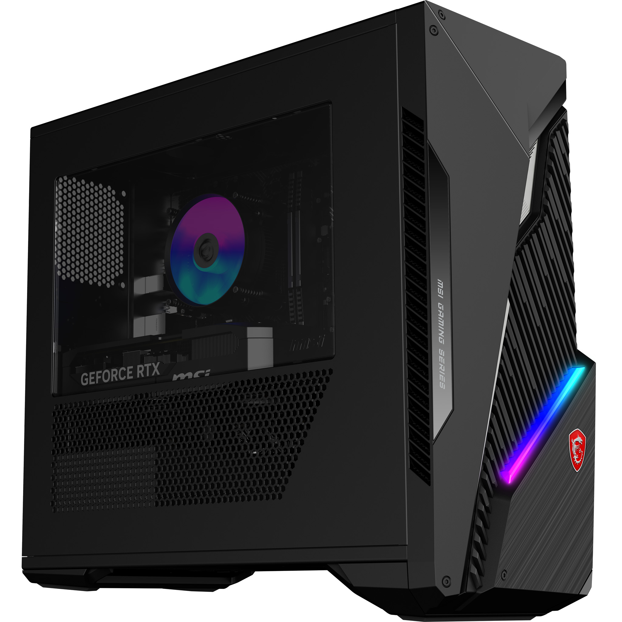 Tour de PC de jeu MSI noire avec panneau latéral en verre révélant un éclairage RVB et une carte graphique GeForce RTX.