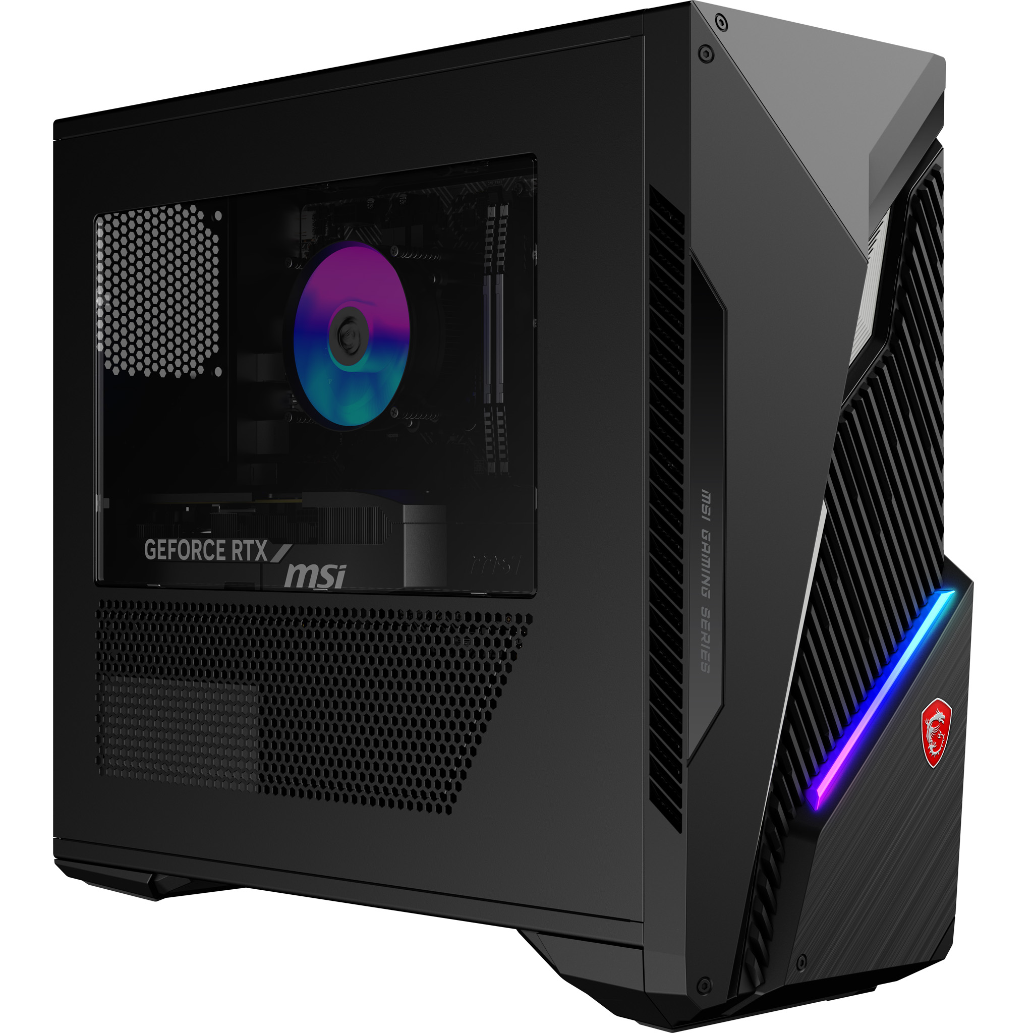PC de jeu MSI noir avec panneau en verre montrant un ventilateur LED coloré et une carte graphique GeForce RTX.