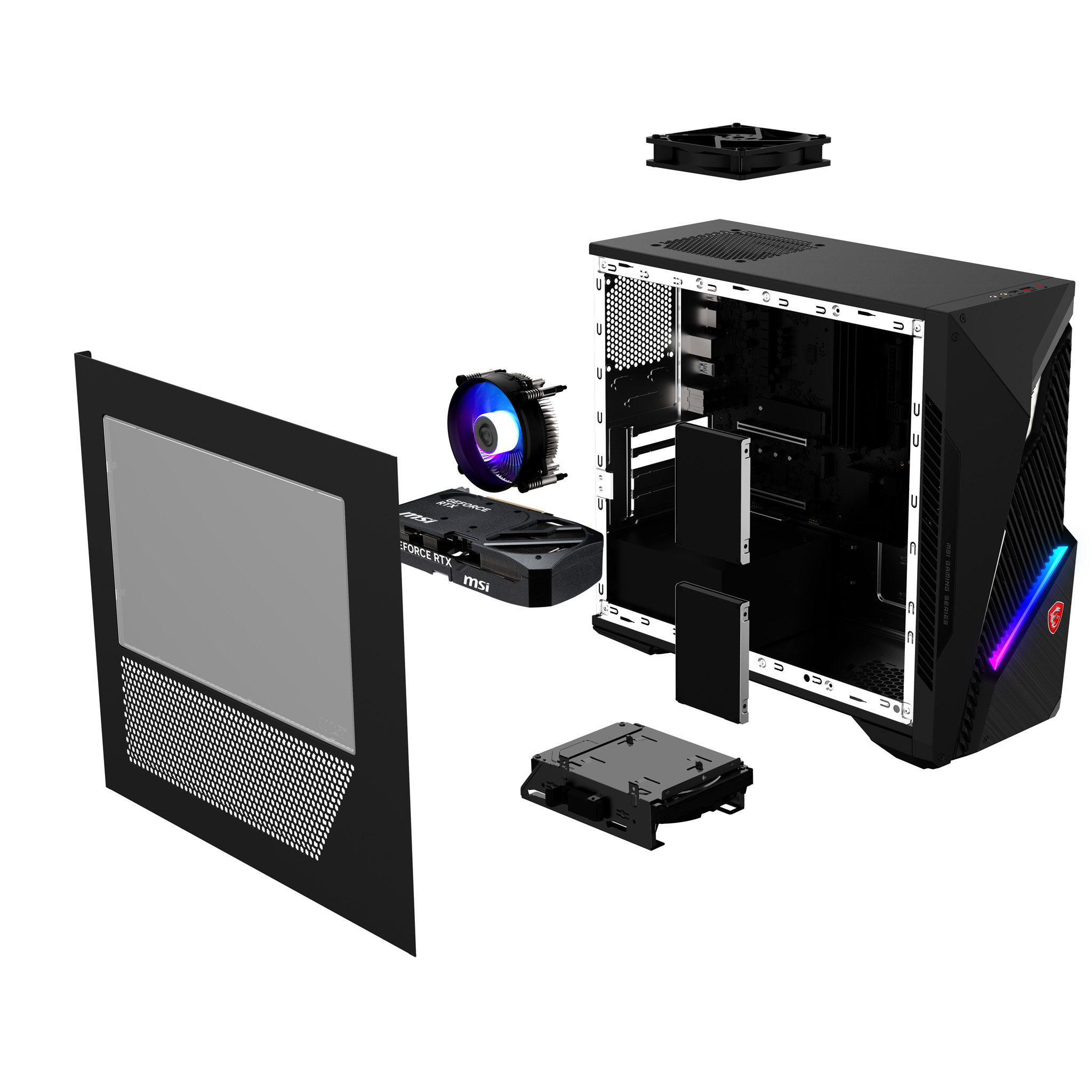 Vue éclatée d'un PC de jeu MSI noir avec panneau latéral retiré, ventilateur, GPU et composants internes.