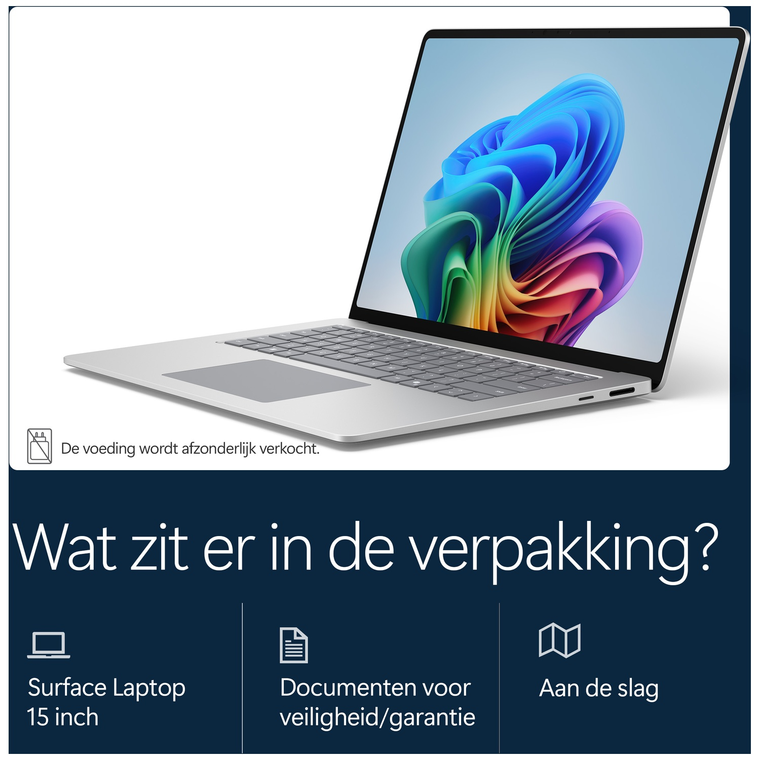 Zilveren Surface Laptop met kleurrijk scherm en verpakkingstekst.