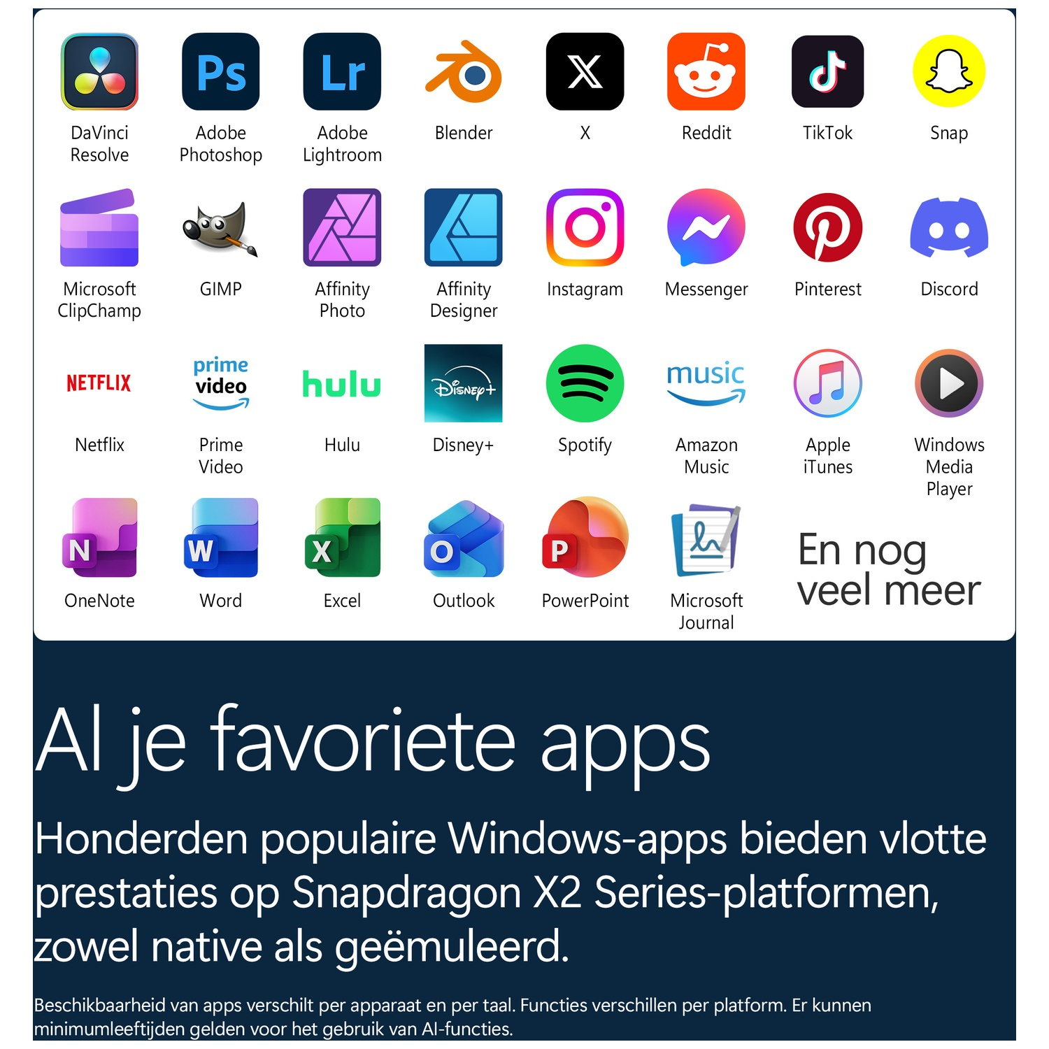 Een afbeelding met diverse populaire app-logo's voor Windows op Snapdragon X2-series.