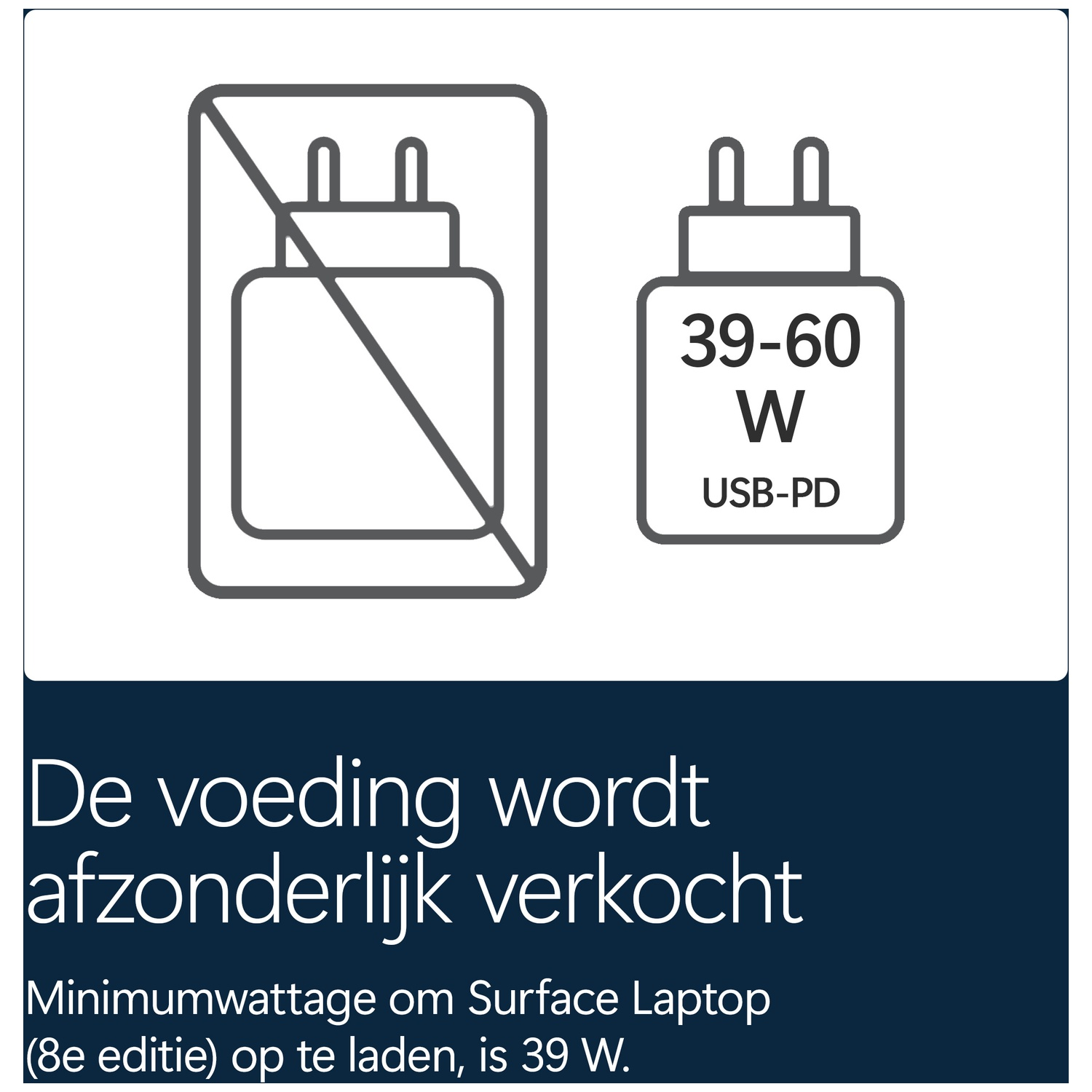 Pictogram toont dat voeding apart wordt verkocht; minimaal vermogen 39 W USB-PD.