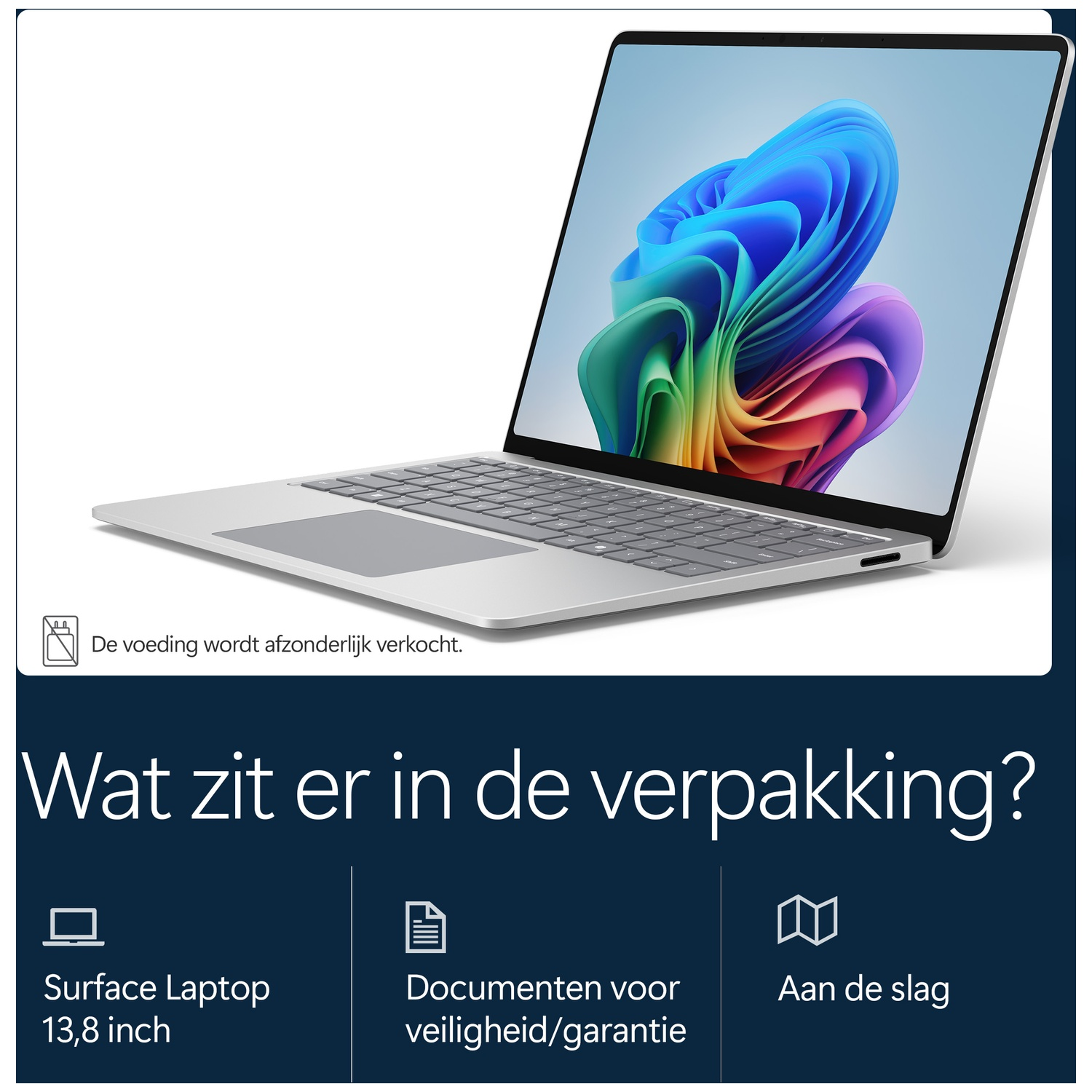 Een zilveren 13,8-inch Surface-laptop met kleurrijk scherm en verpakkingstekst.
