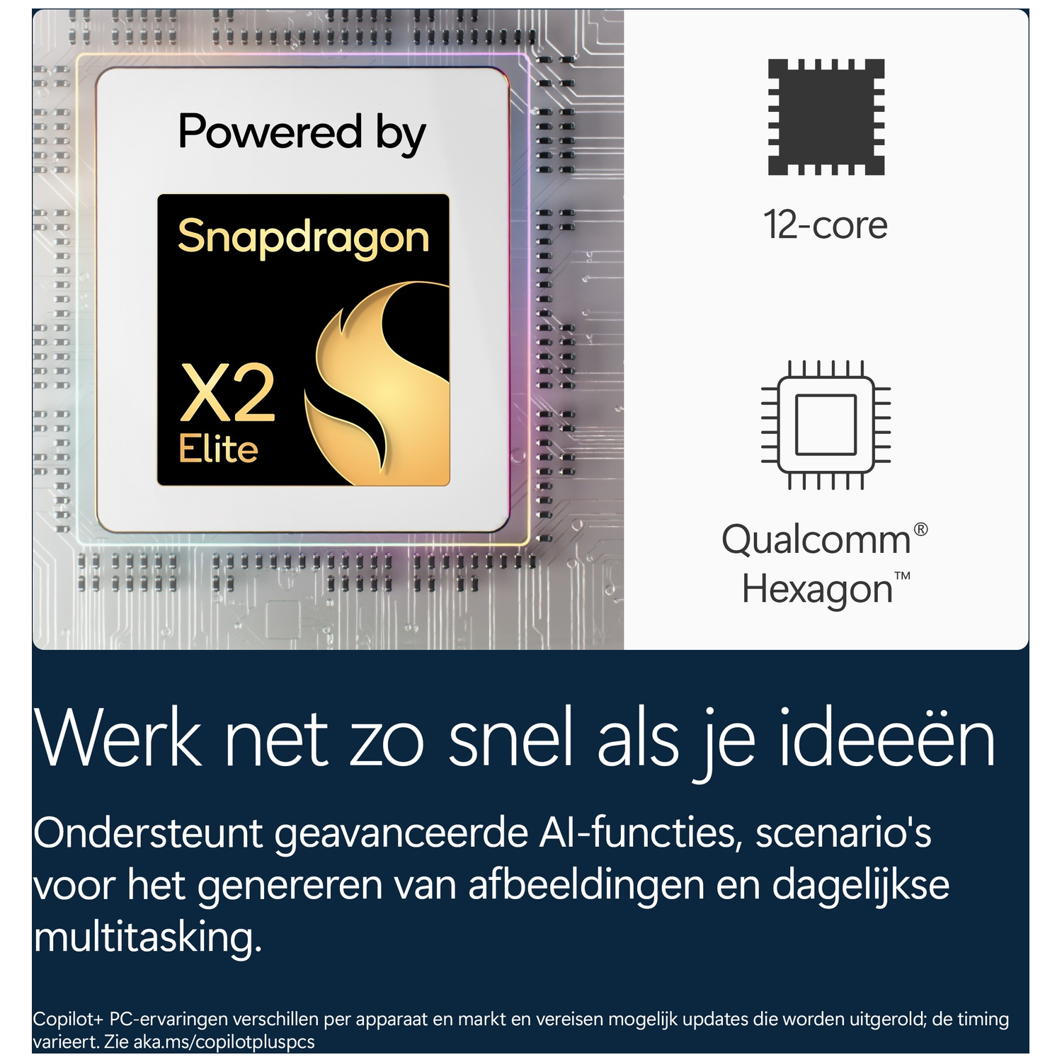 Advertentie voor Snapdragon X2 Elite chip met 12-core en Qualcomm Hexagon op een blauwe achtergrond met tekst.