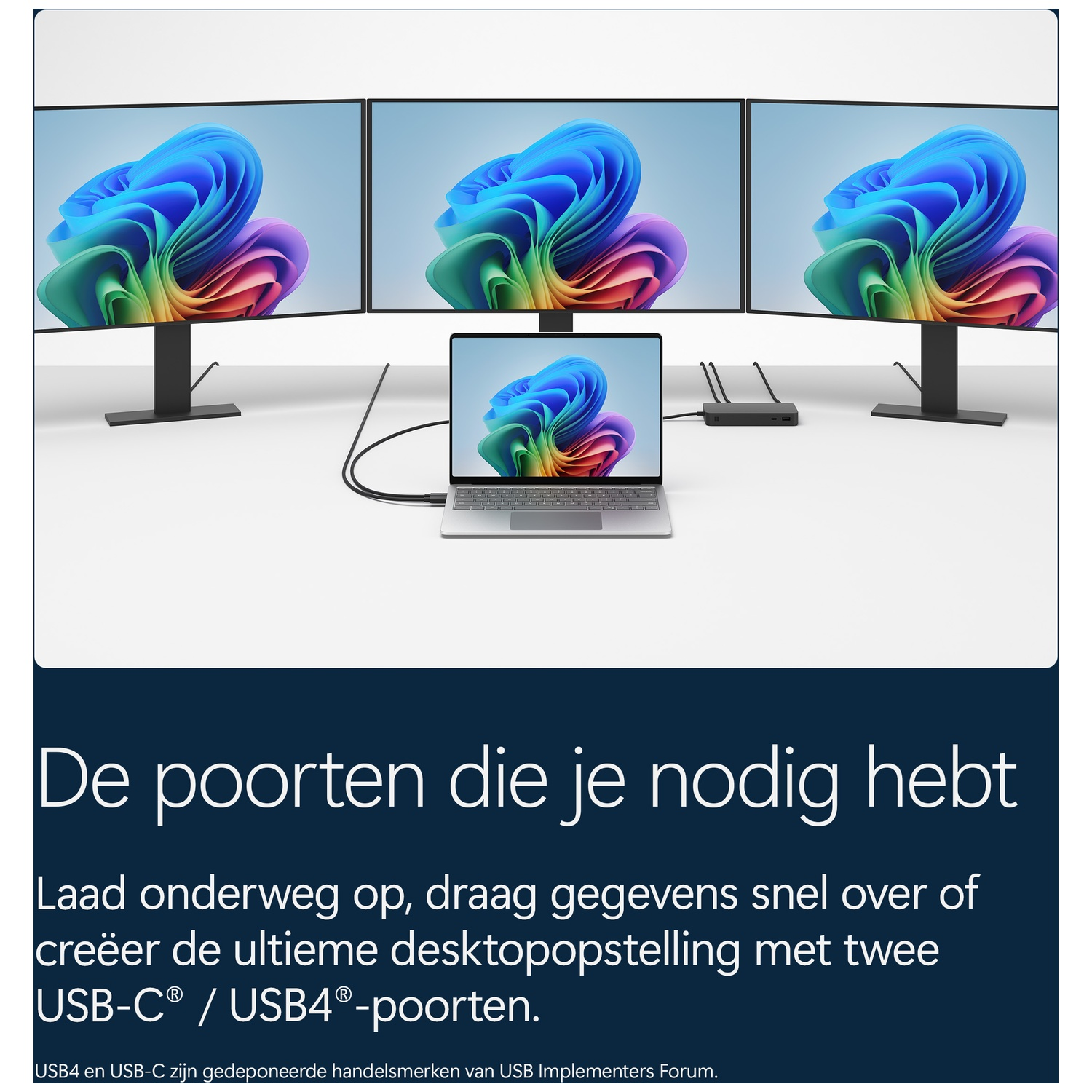 Laptop verbonden met drie monitors en een hub, met kleurrijke golfachtergrond en Nederlandse tekst onderaan.