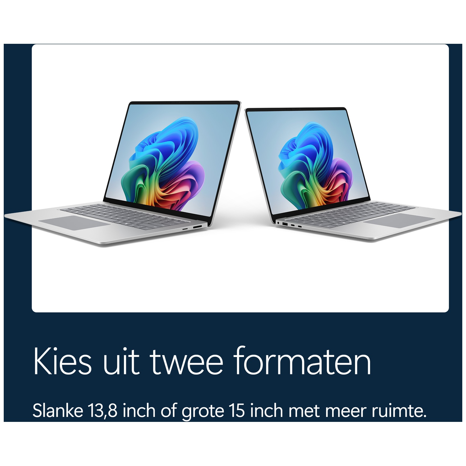 Twee zilveren laptops met kleurenscherm op een witte achtergrond met tekst onderaan.