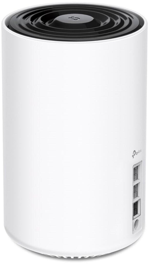 Un enrutador TP-Link cilíndrico blanco con tapa negra y puertos Ethernet en la parte posterior.
