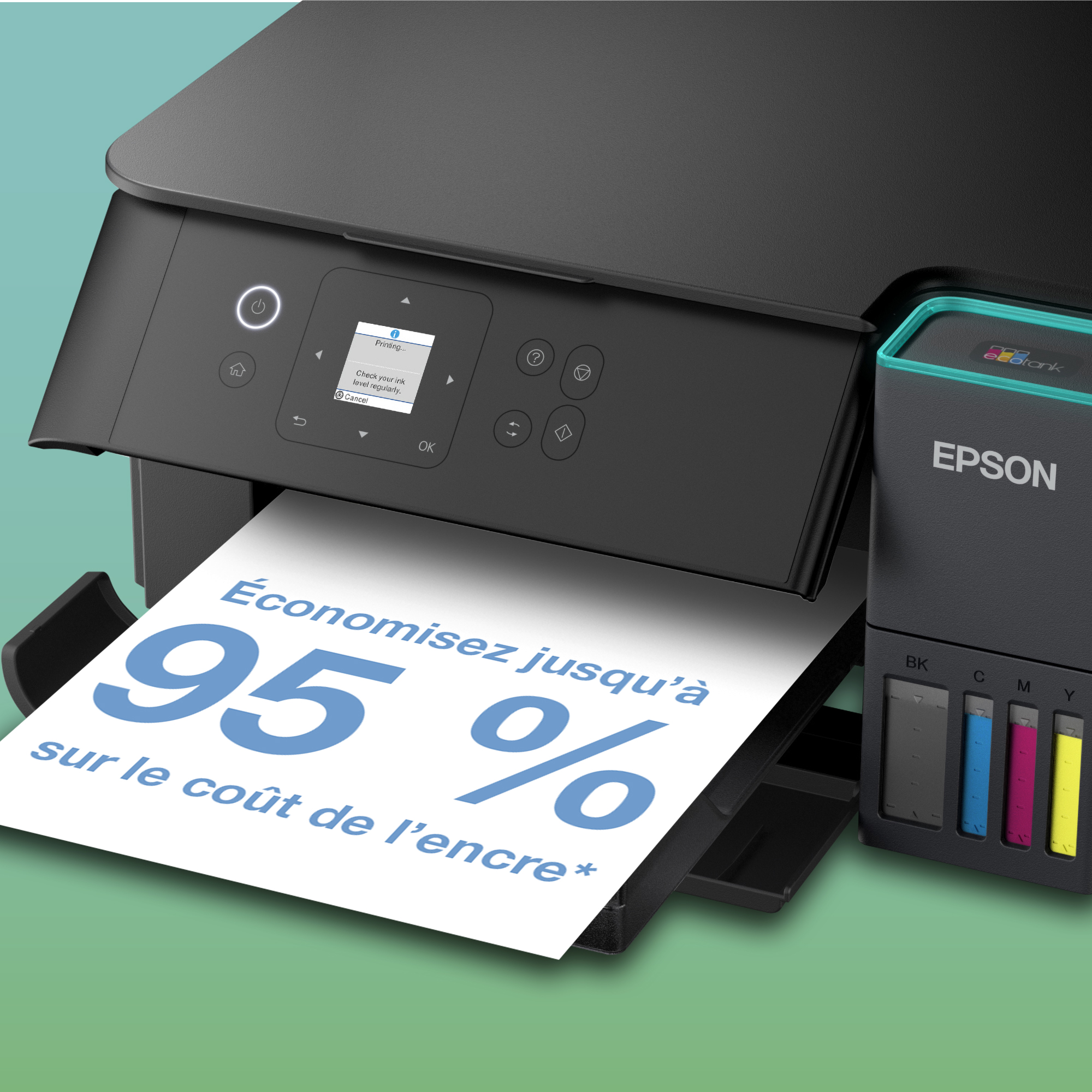 Une imprimante Epson EcoTank sur fond vert imprimant une page indiquant économisez jusqu'à 95 pour cent sur l'encre.