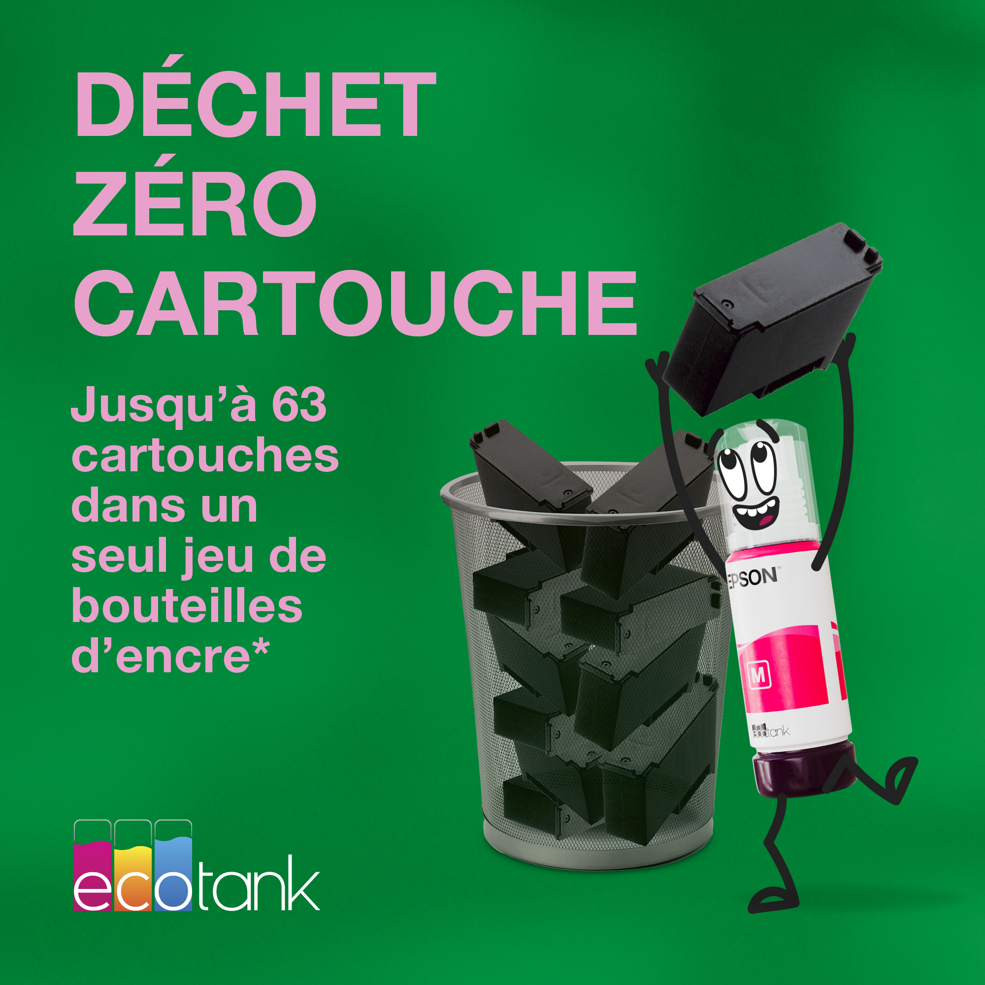 Un personnage de bouteille jette des cartouches vides dans une poubelle sur fond vert avec du texte.