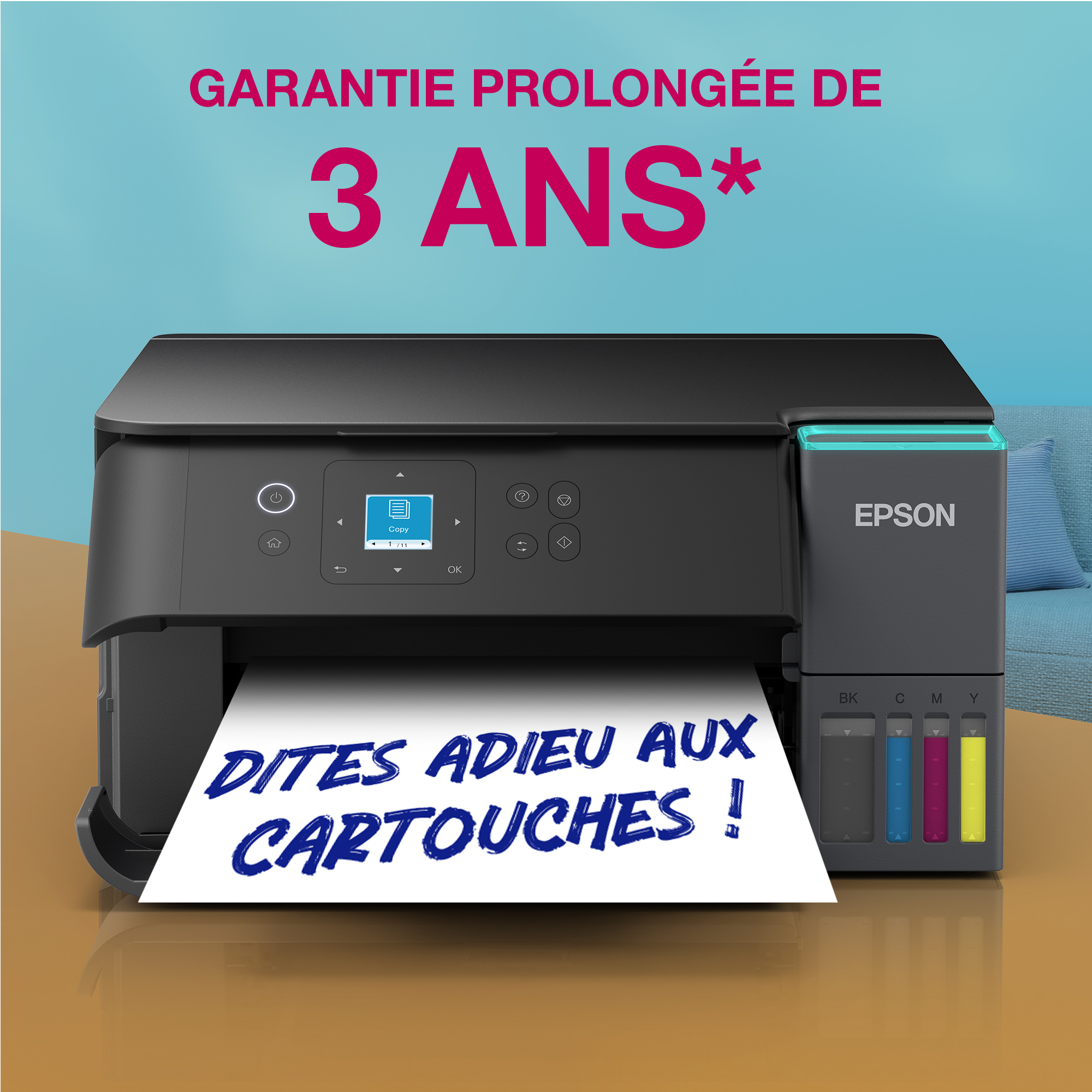 Imprimante Epson avec du papier affichant du texte en français et une promo.