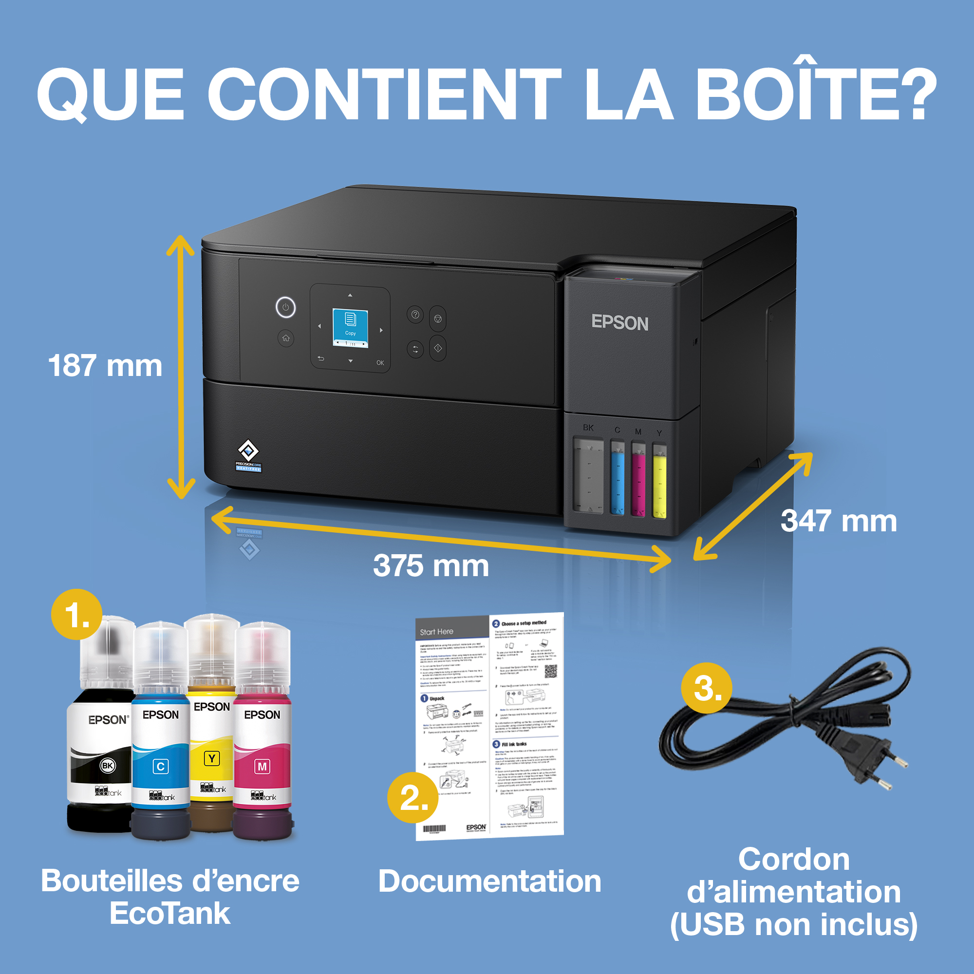Imprimante Epson avec dimensions, flacons d'encre, manuel et câble d'alimentation.
