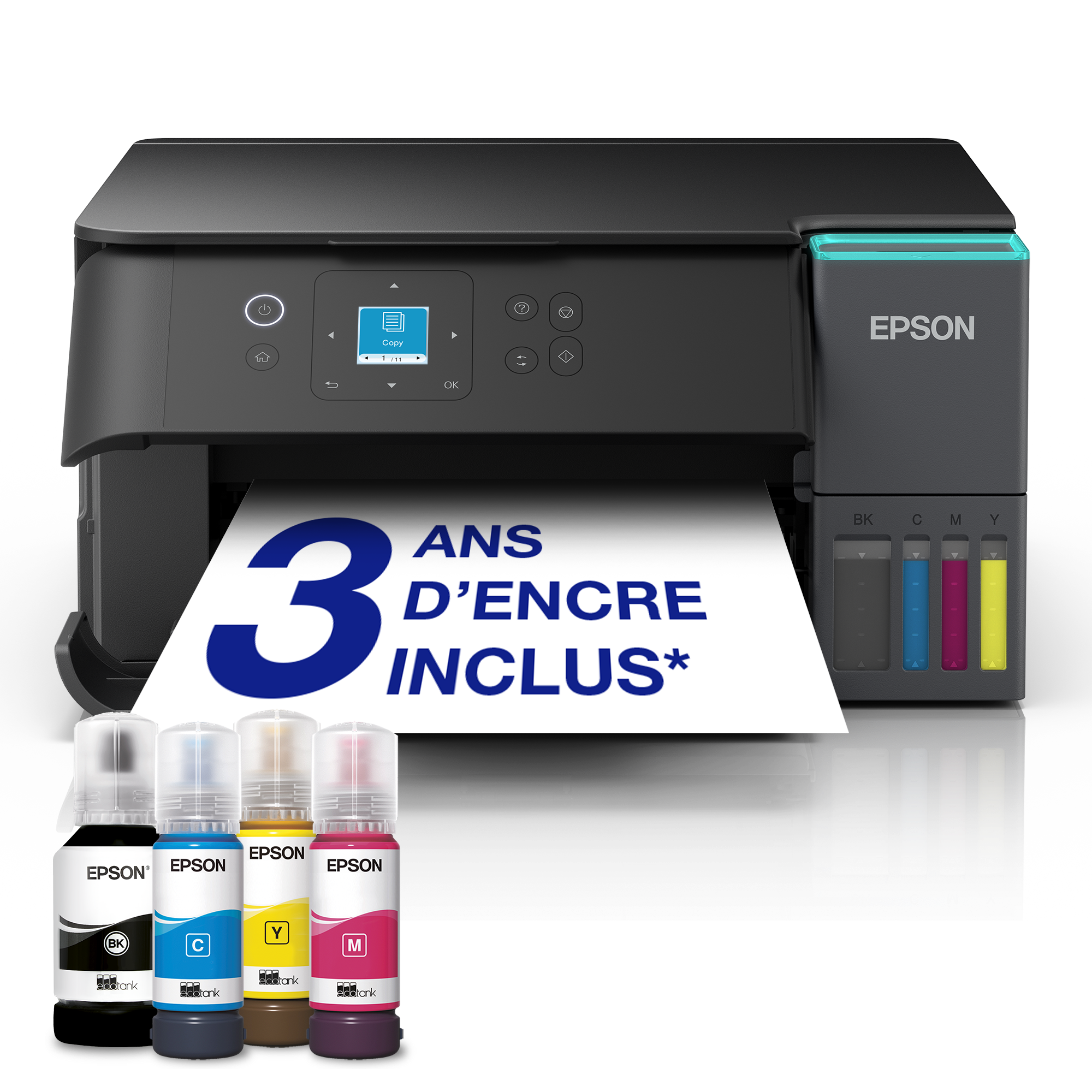 Imprimante Epson EcoTank avec quatre bouteilles d'encre et une page imprimée sur fond noir.