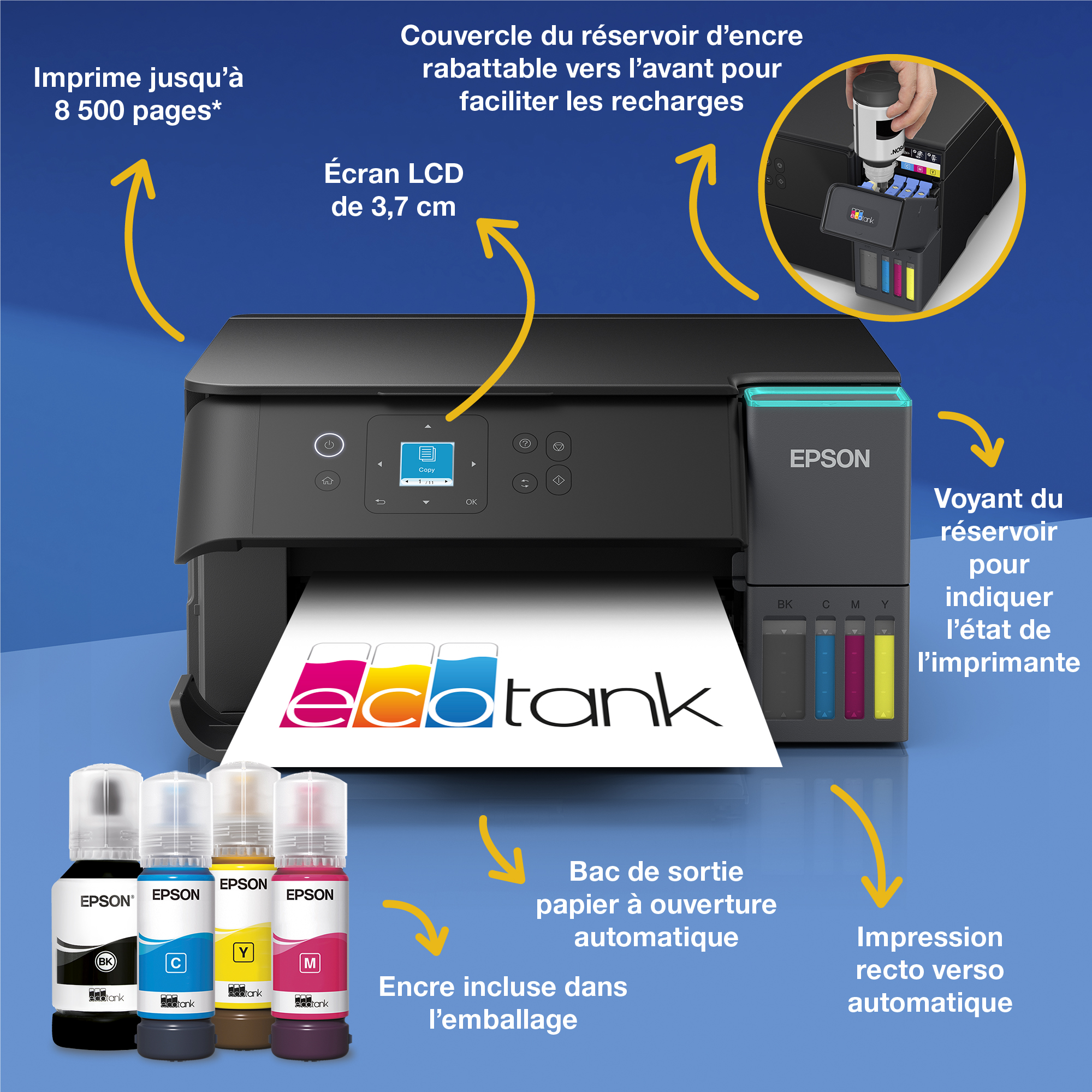 Imprimante Epson EcoTank avec bouteilles d'encre et descriptions en français.