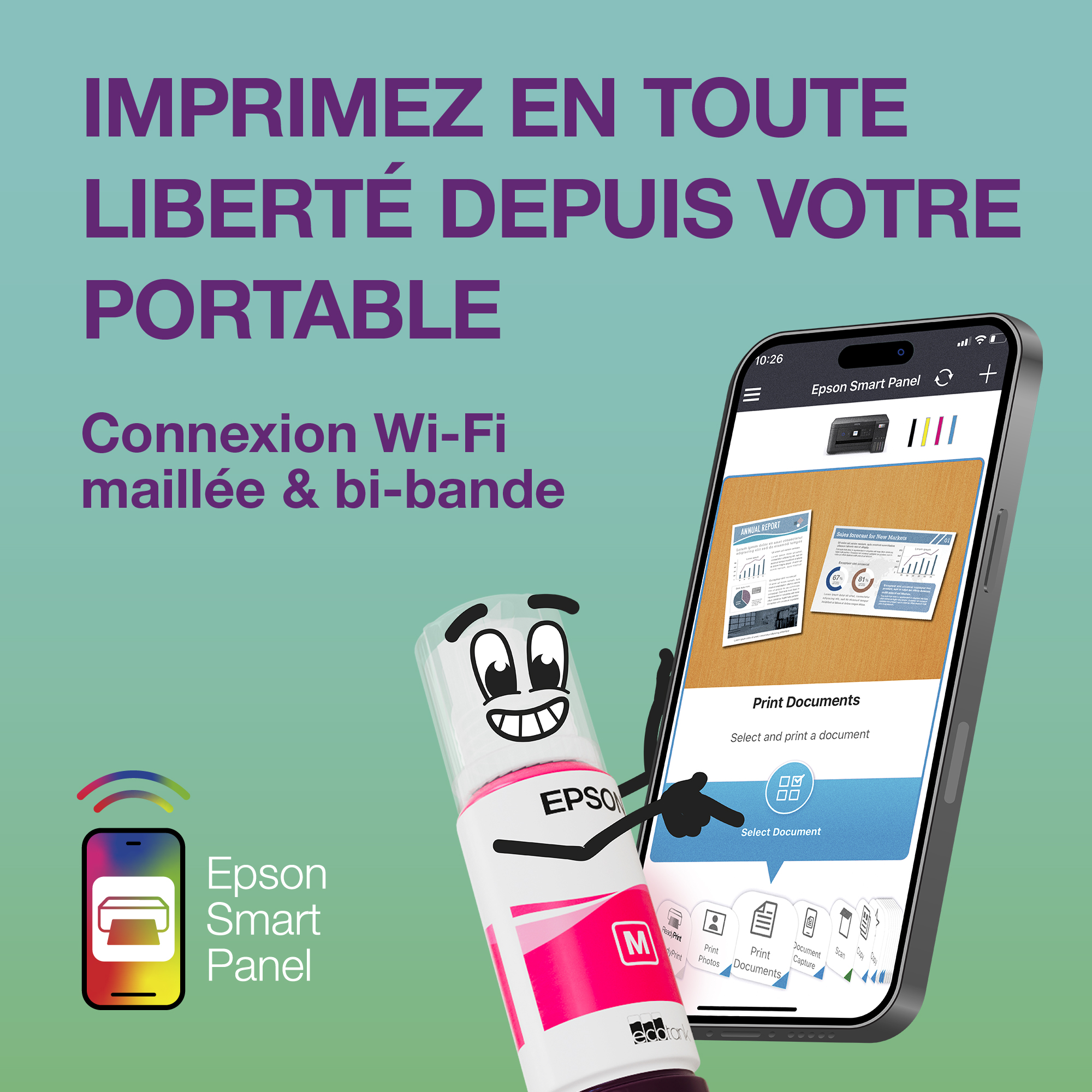 Un flacon d'encre Epson avec des bras pointe vers un smartphone affichant l'application Epson Smart Panel sur fond vert.