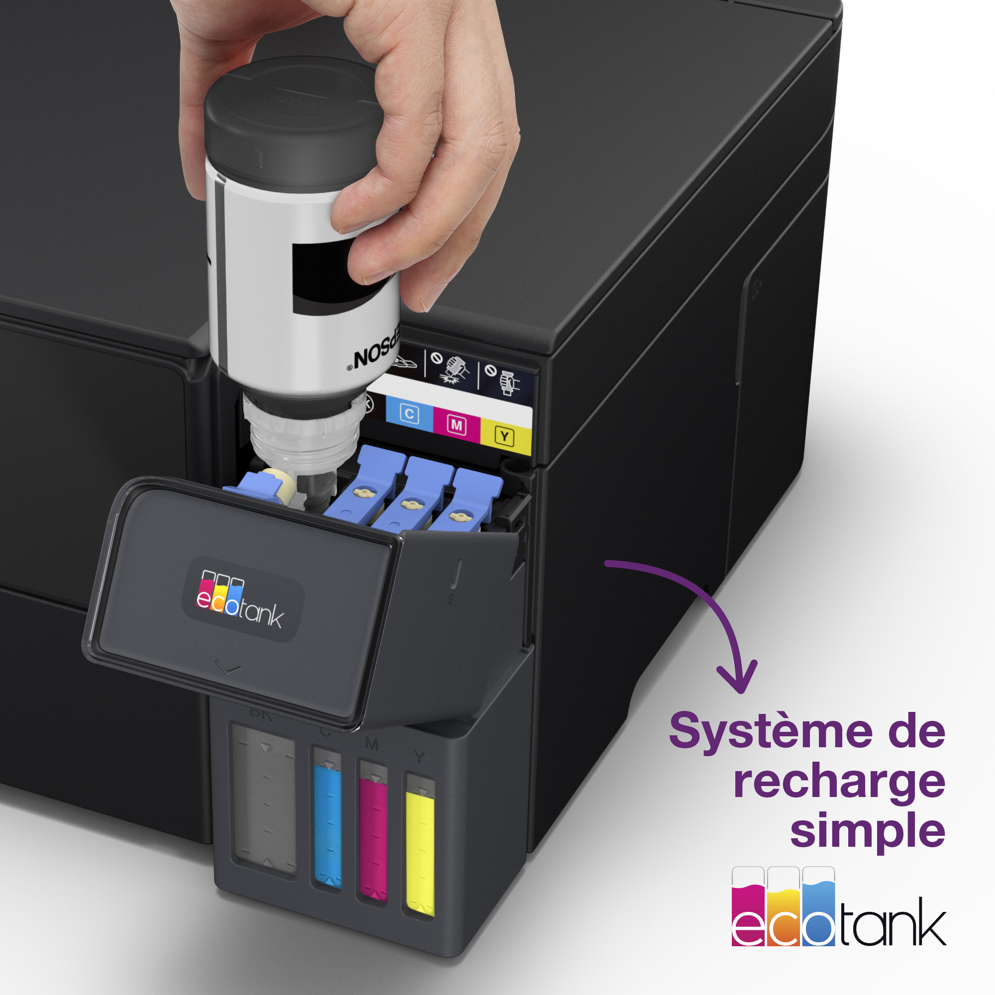Main remplissant l'encre noire dans une imprimante EcoTank.