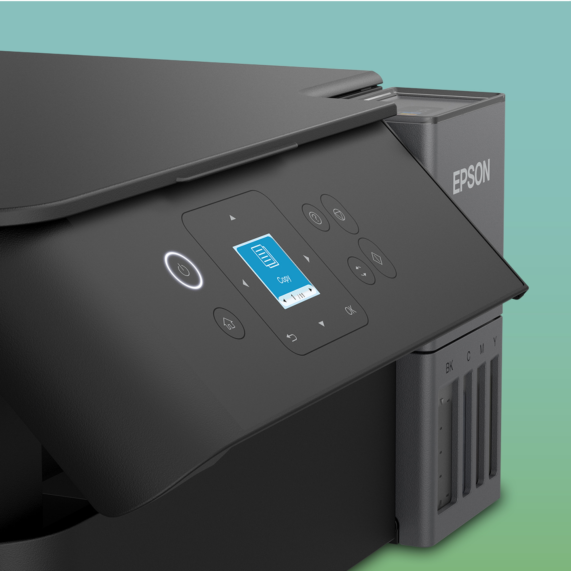 Gros plan d'une imprimante Epson noire avec écran éclairé sur fond vert menthe.
