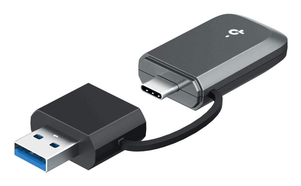Un adaptador USB-C gris conectado por un cable corto a un conector USB-A negro sobre fondo blanco.