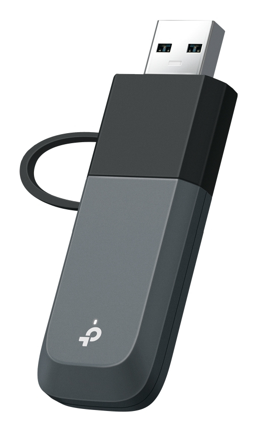 Un adaptador USB TP-Link negro con un conector expuesto y un logotipo blanco en el cuerpo gris.