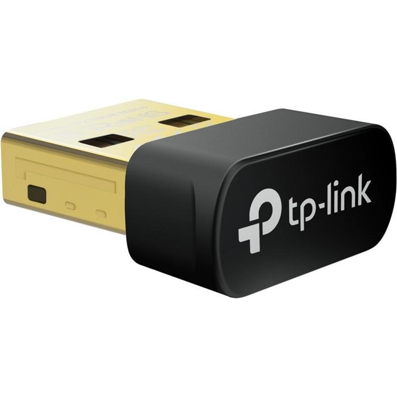 Pequeño adaptador USB TP-Link negro con un conector USB dorado expuesto sobre un fondo negro.