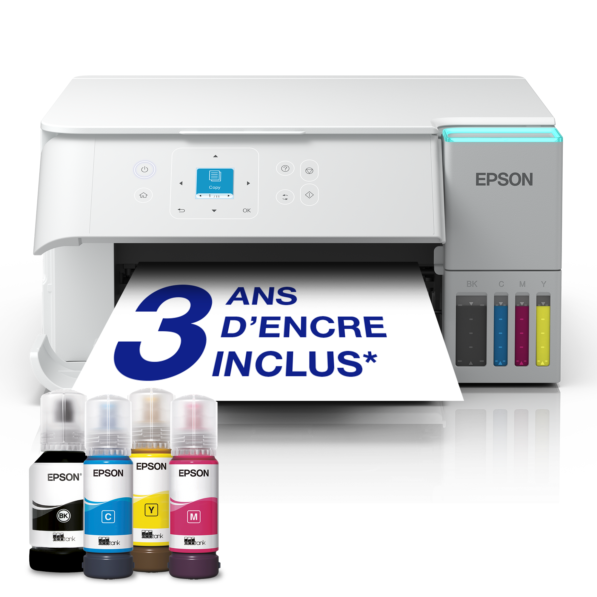 Imprimante Epson avec quatre flacons d'encre et une page 3 ans d'encre inclus sur fond noir.