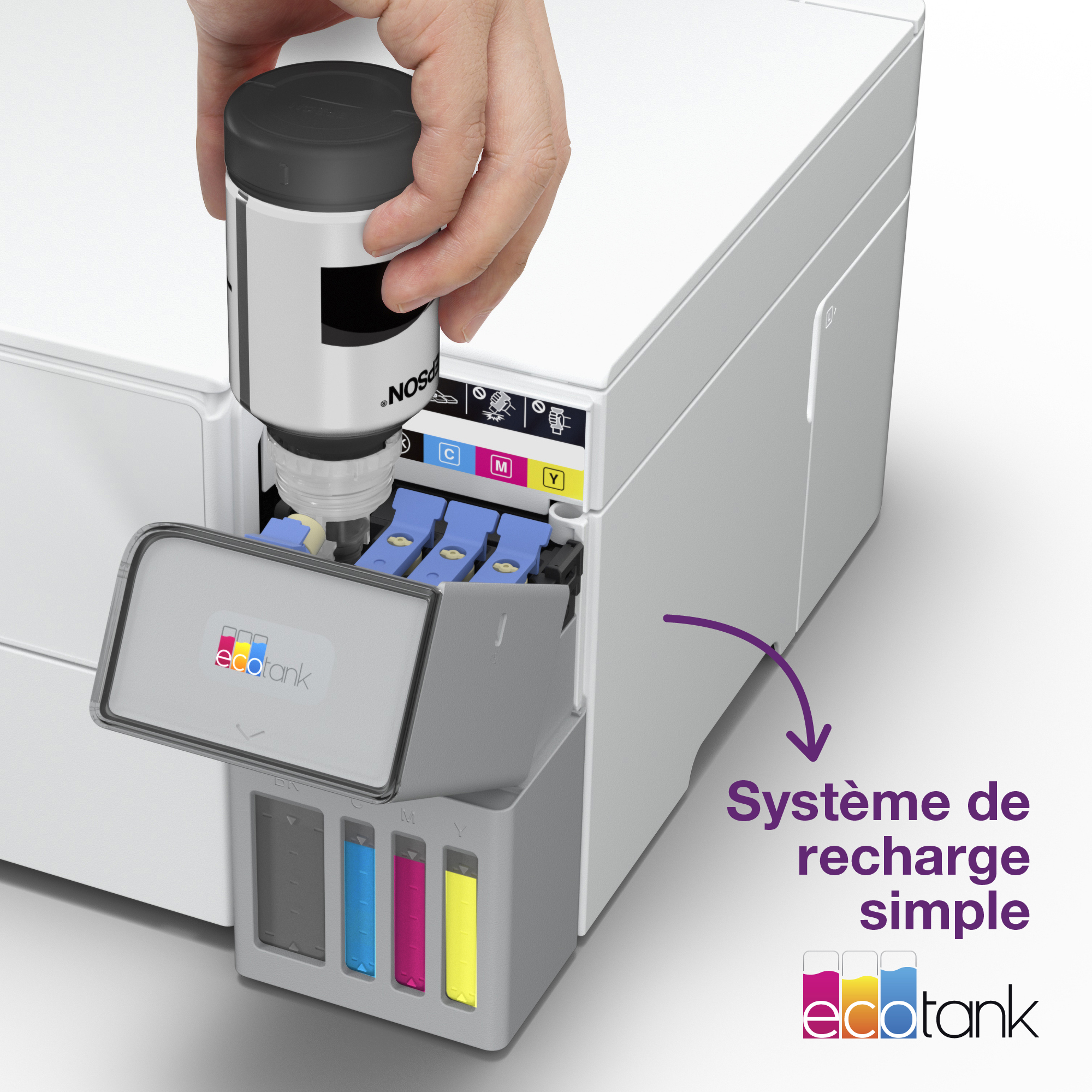 Une main recharge une imprimante EcoTank avec une bouteille d'encre noire.