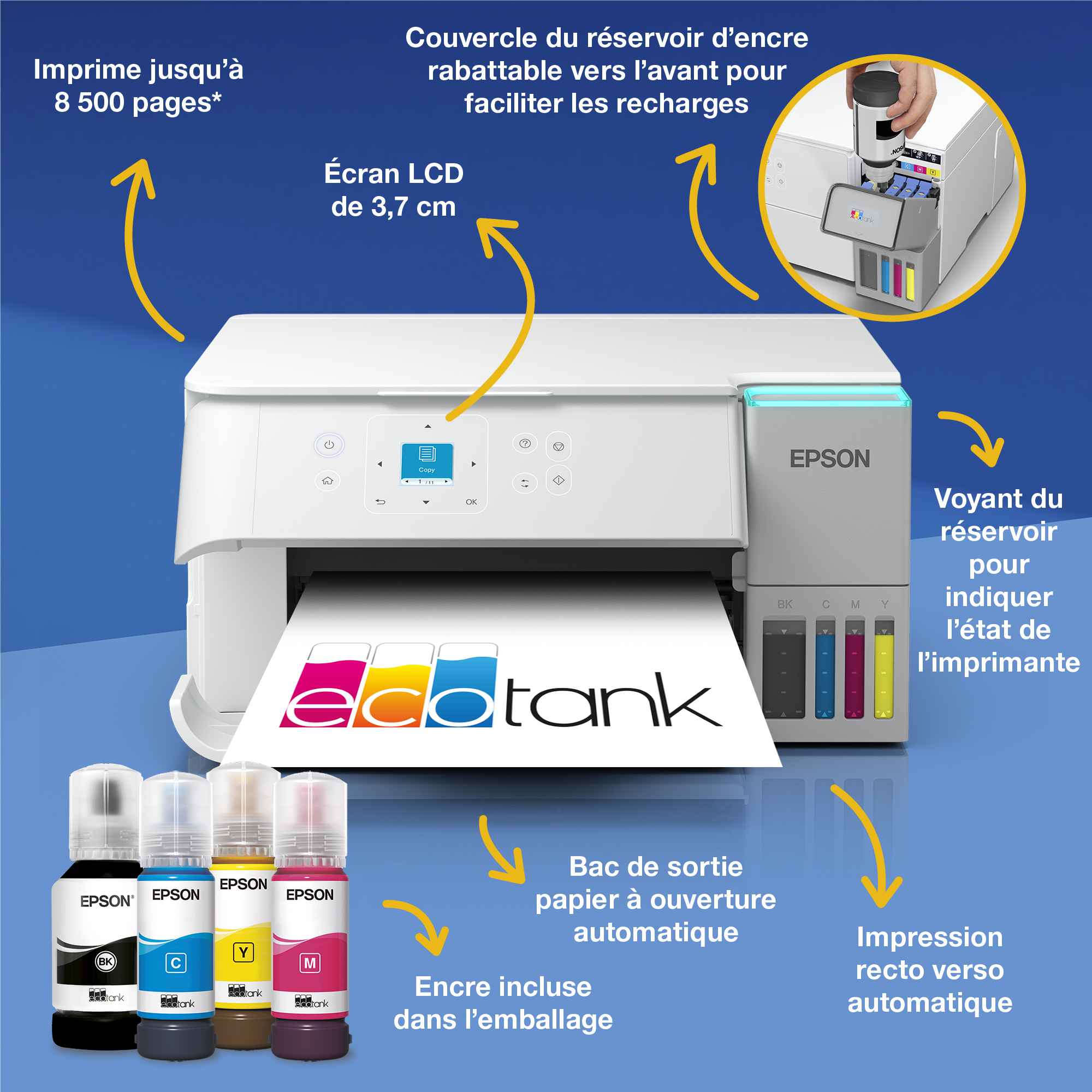 Imprimante Epson EcoTank avec quatre bouteilles d'encre et des étiquettes.