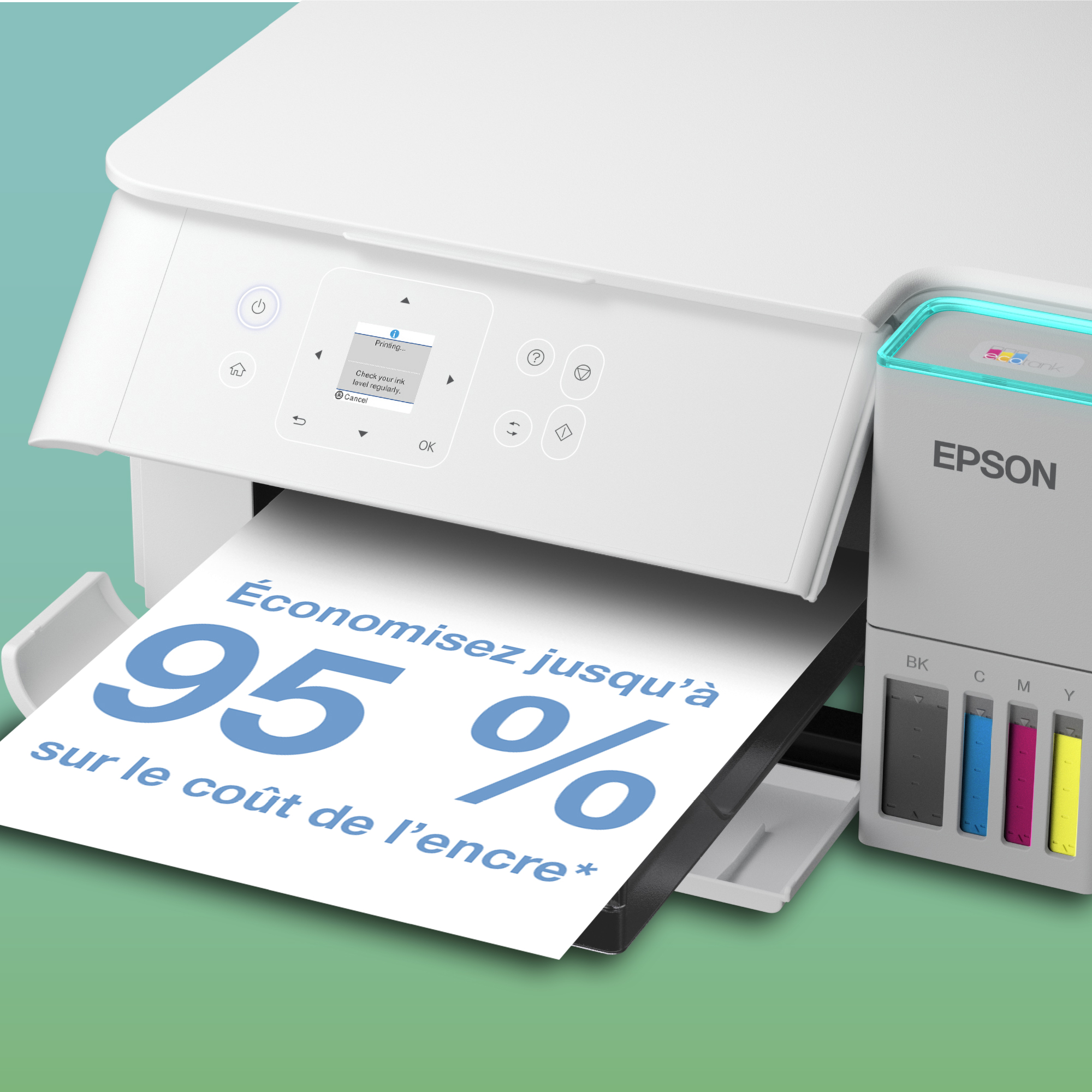 Une imprimante blanche Epson imprime une feuille avec du texte et 95 % sur fond vert.