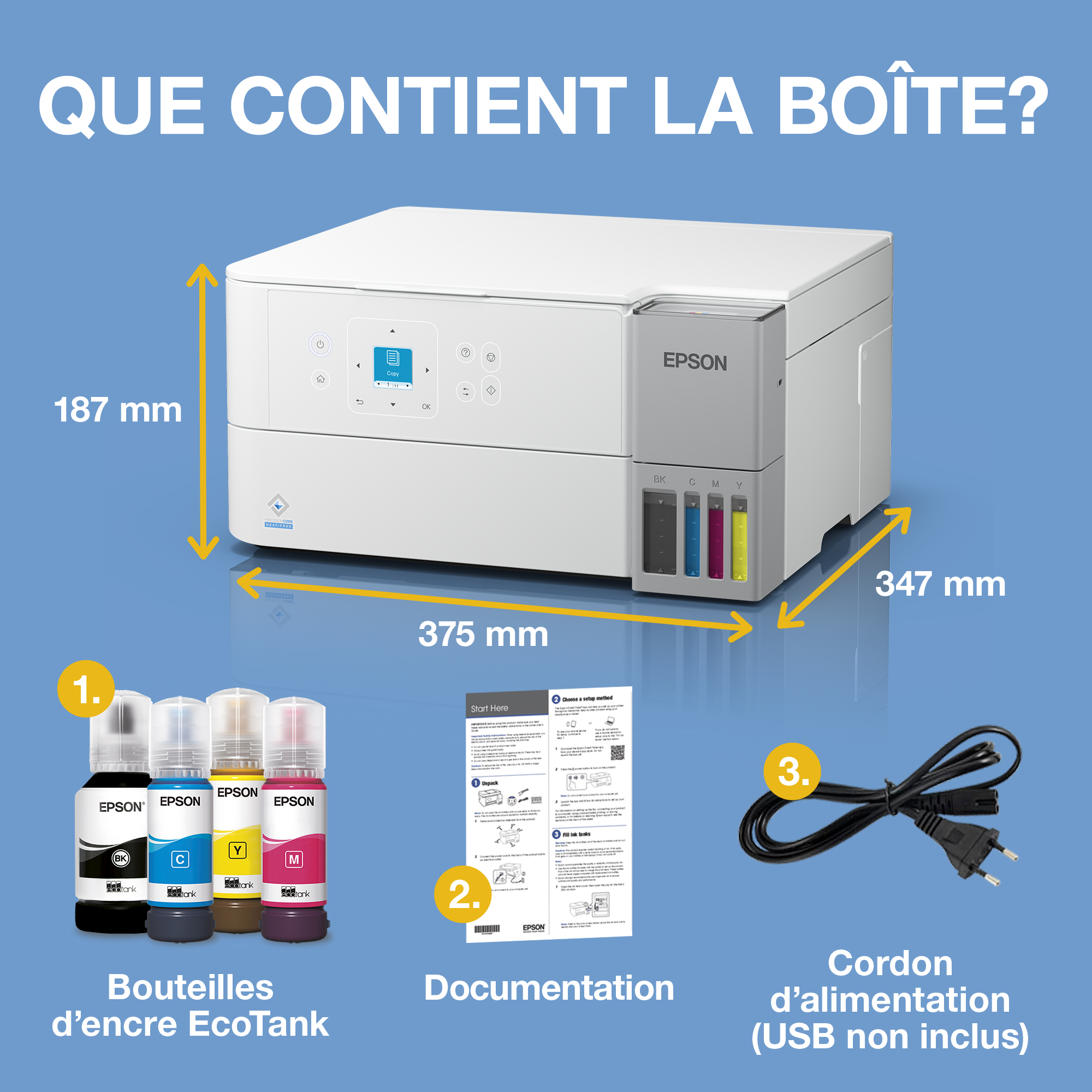 Imprimante Epson EcoTank avec dimensions, quatre bouteilles d'encre, manuel et cordon d'alimentation sur fond bleu.