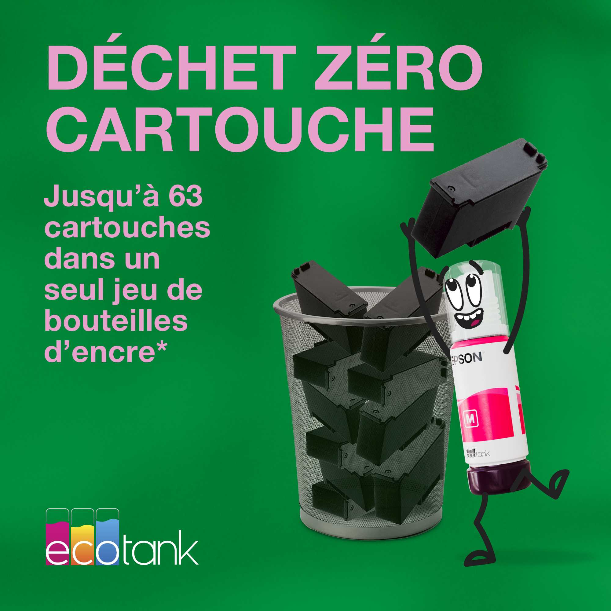 Une bouteille d'encre jette des cartouches d'imprimante dans une poubelle, sur fond vert avec du texte.