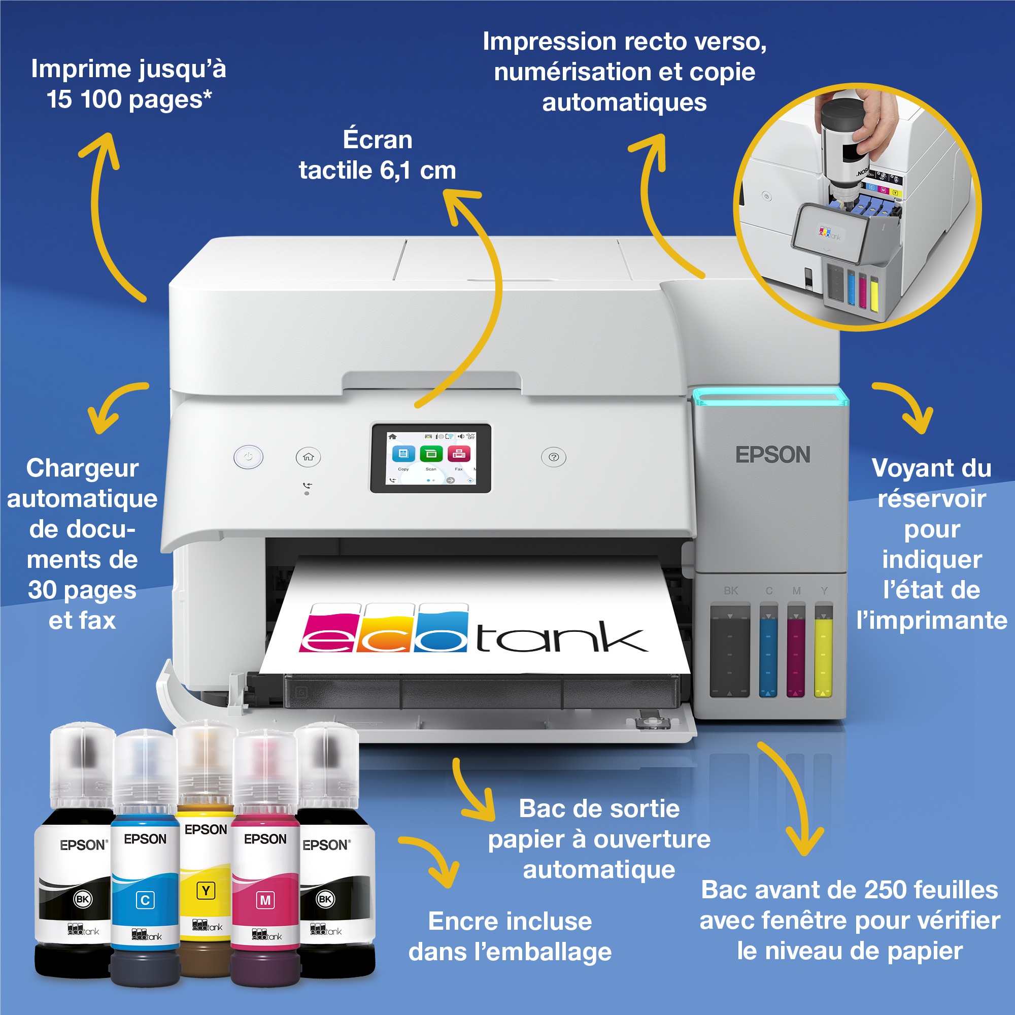 Imprimante blanche Epson EcoTank avec bouteilles d'encre, écran tactile et descriptions sur fond bleu.