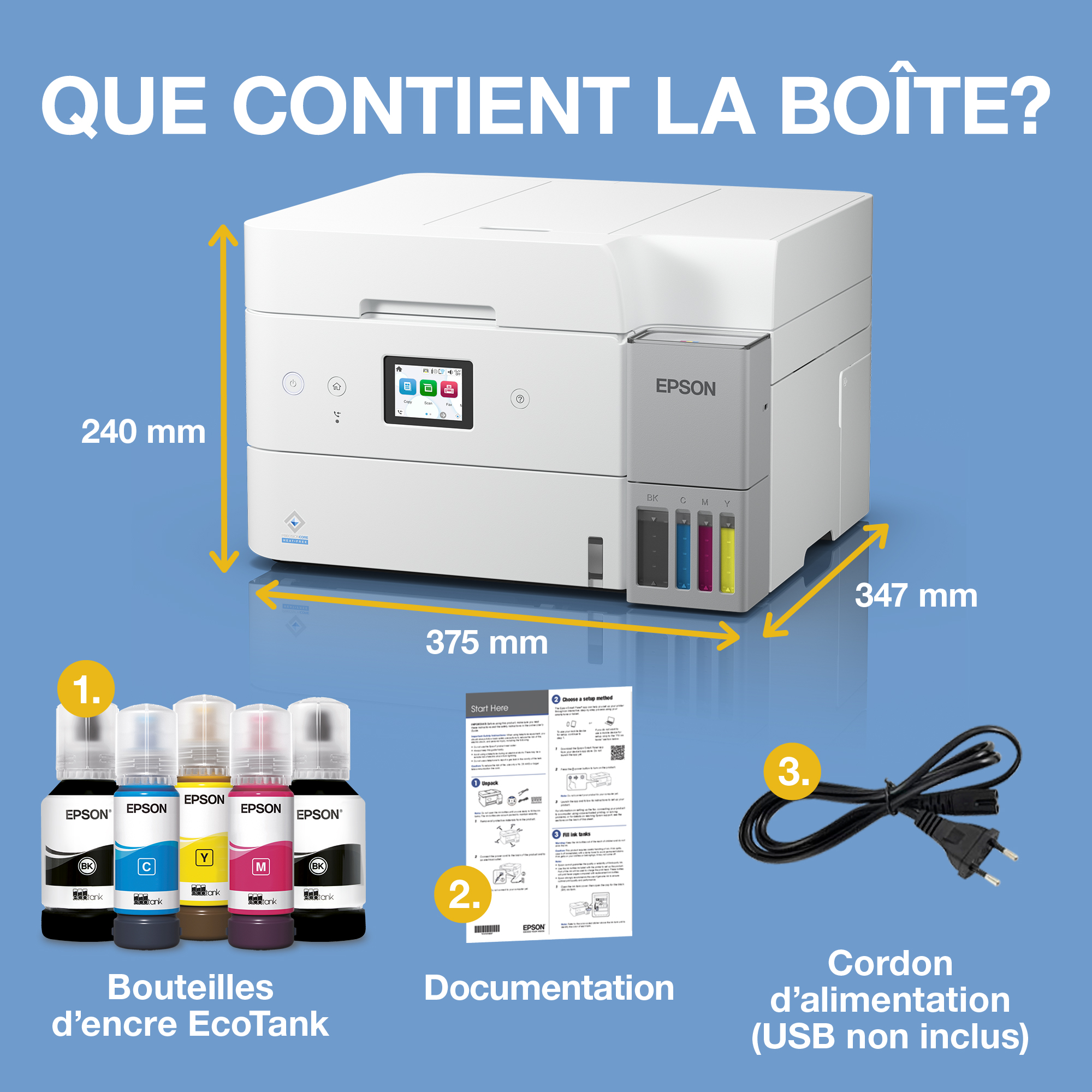 Imprimante Epson EcoTank avec dimensions, flacons d'encre, guide et cordon d'alimentation sur fond bleu.