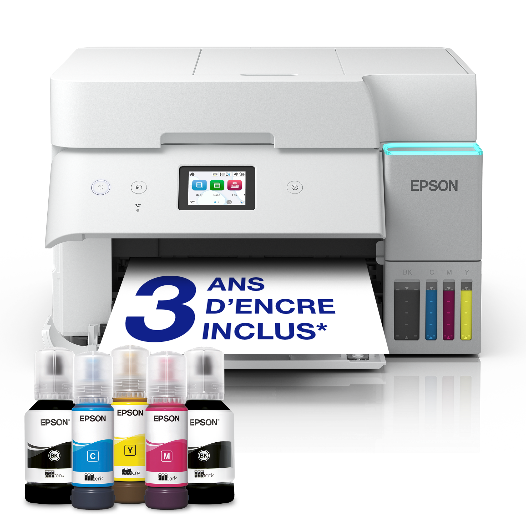 Imprimante Epson EcoTank avec cinq bouteilles d'encre et papier imprimé sur fond noir.