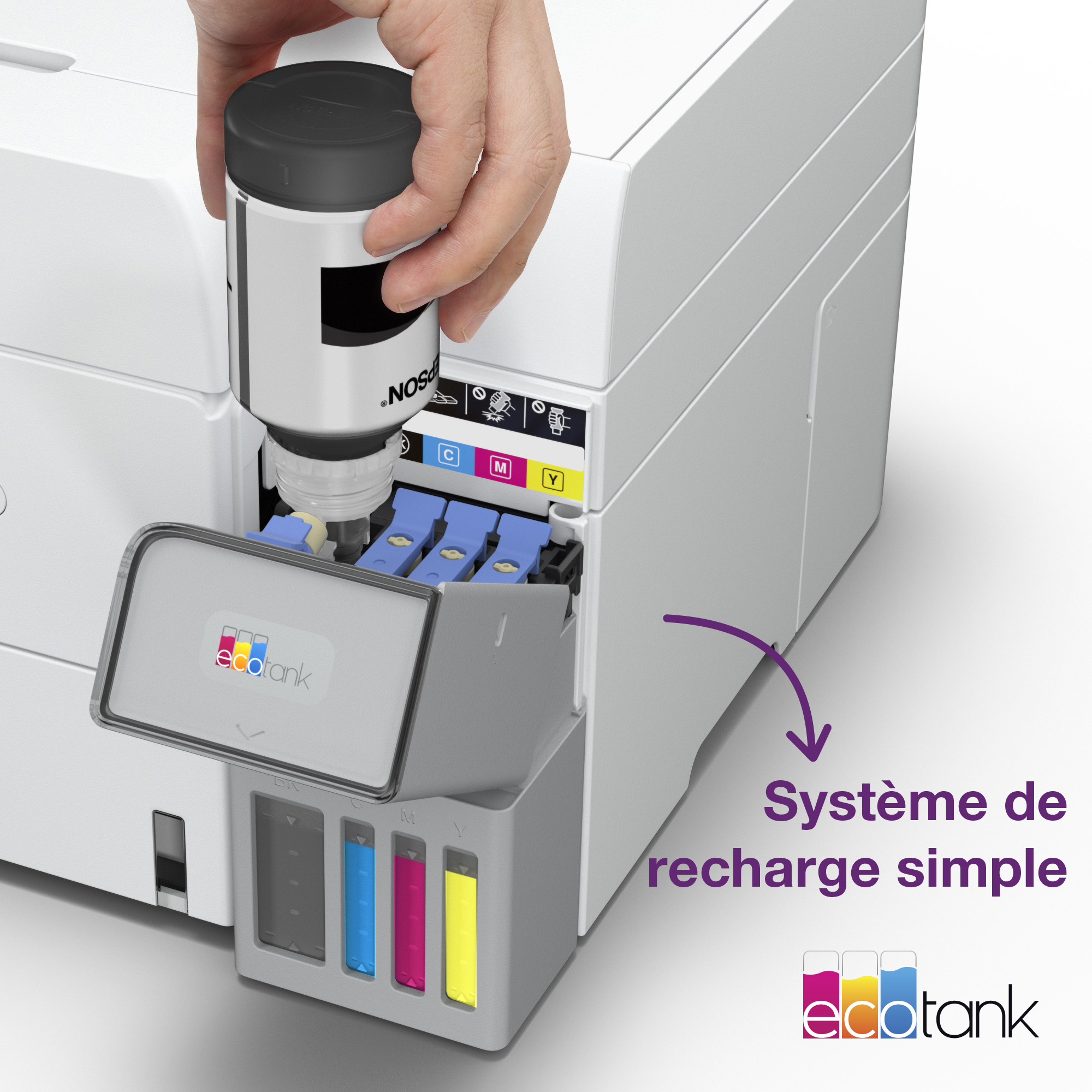 Une main recharge l'encre noire d'une imprimante EcoTank.