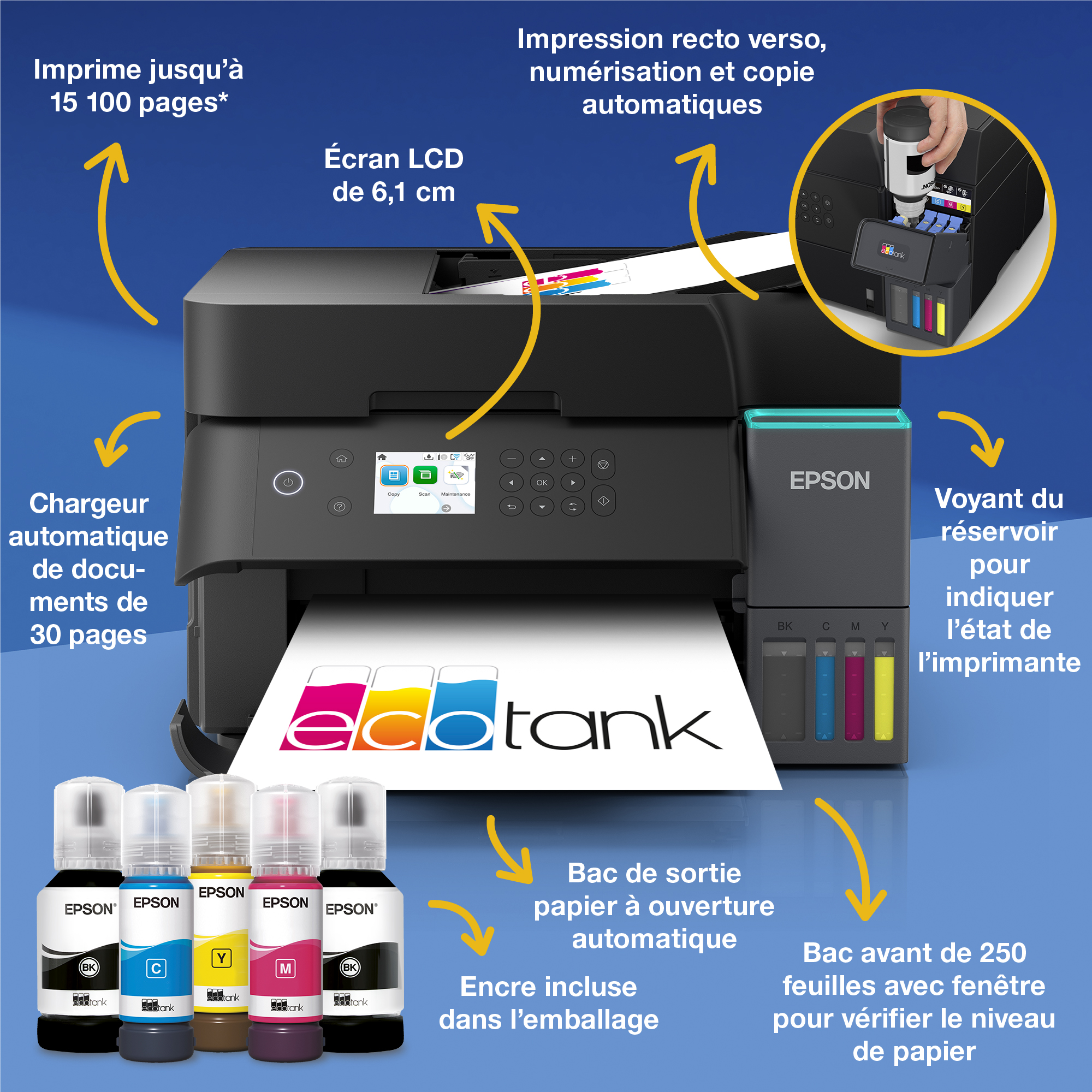 Imprimante Epson EcoTank avec bouteilles d'encre sur fond bleu, avec des étiquettes en français.
