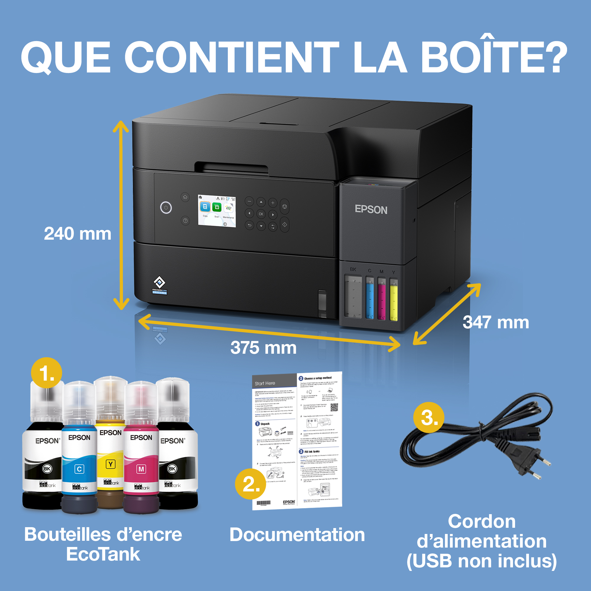 Imprimante Epson, bouteilles EcoTank, documentation et cordon.