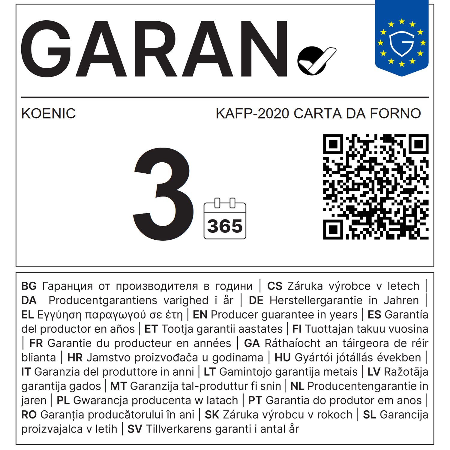 Etichetta di garanzia con il numero 3, un calendario, un codice QR e testo in più lingue.