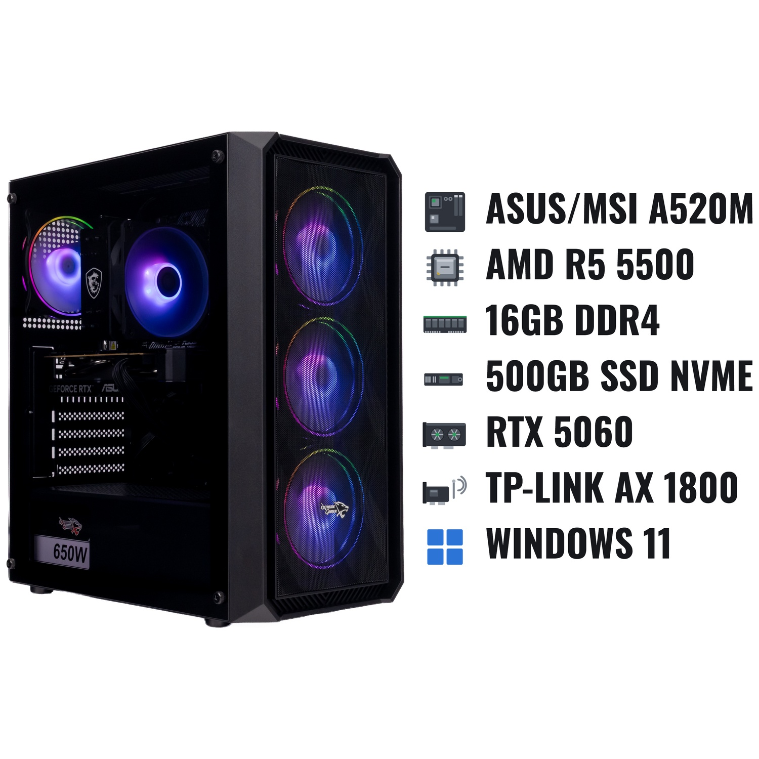 A black gaming PC case with RGB fans, displaying its internal hardware specifications on the right.