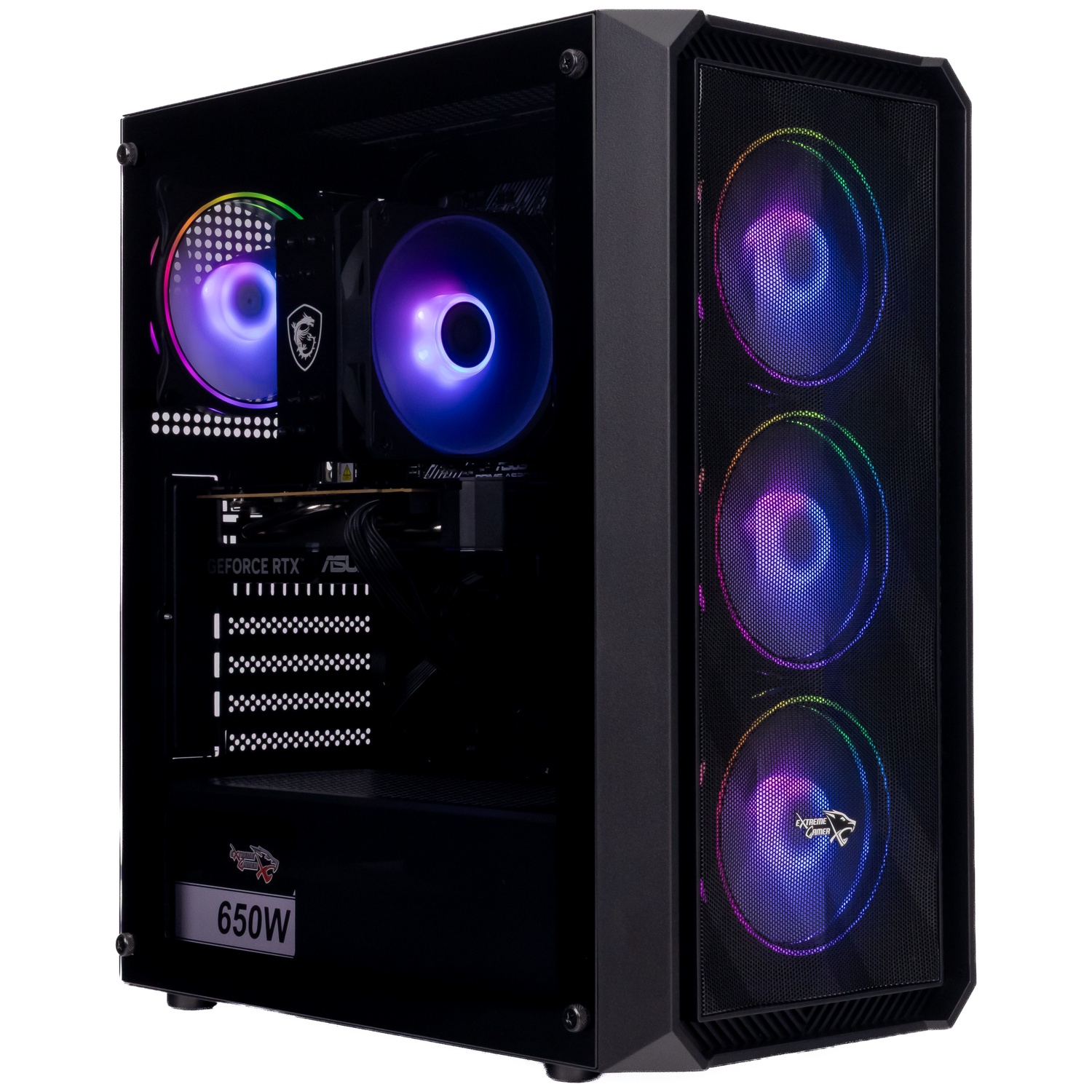 Black gaming PC tower with glass side panel and glowing RGB fans.