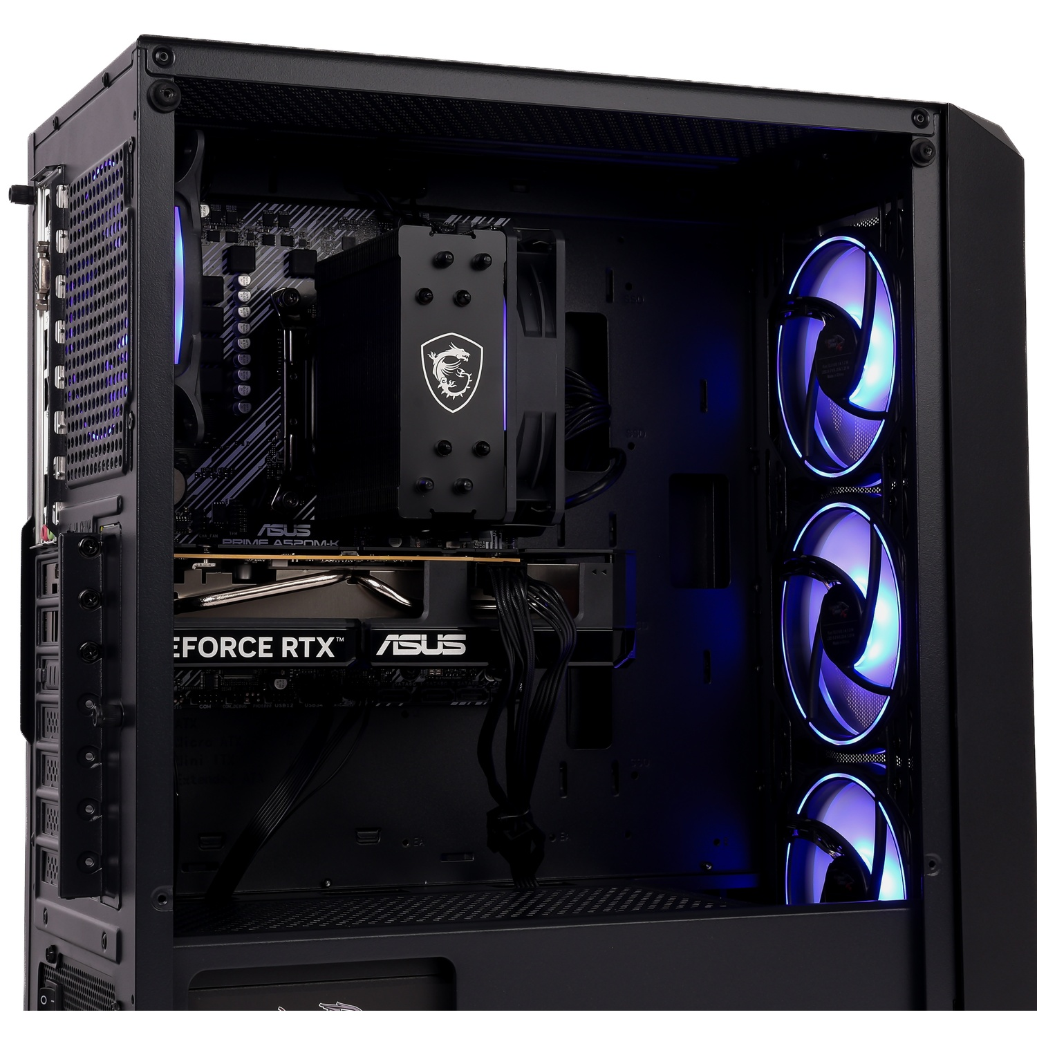 An open PC case interior shows components, an ASUS GeForce RTX graphics card, and blue-lit cooling fans.