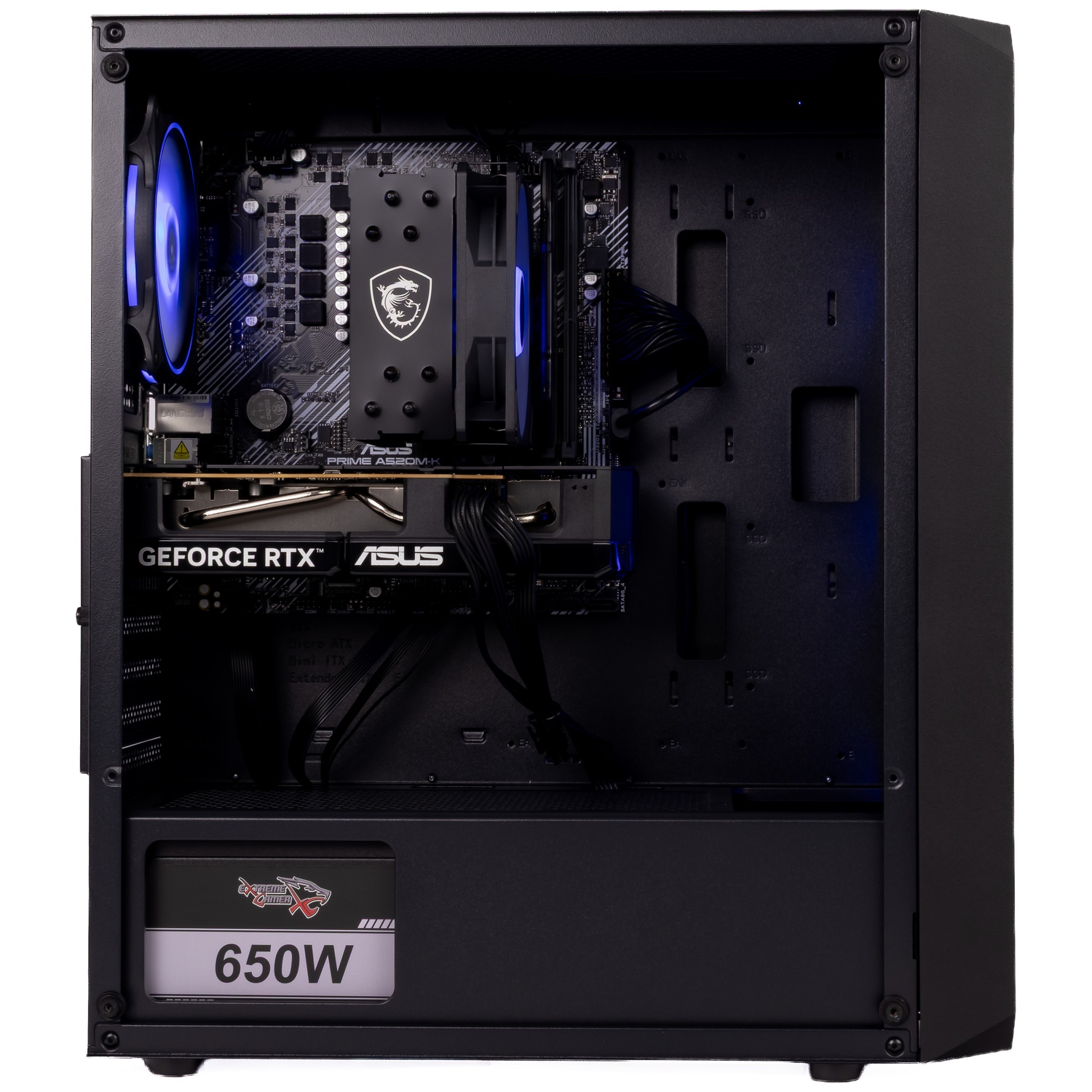 Un intérieur de boîtier PC ouvert montre la carte mère, la carte graphique, le ventilateur CPU MSI et une alim 650W.