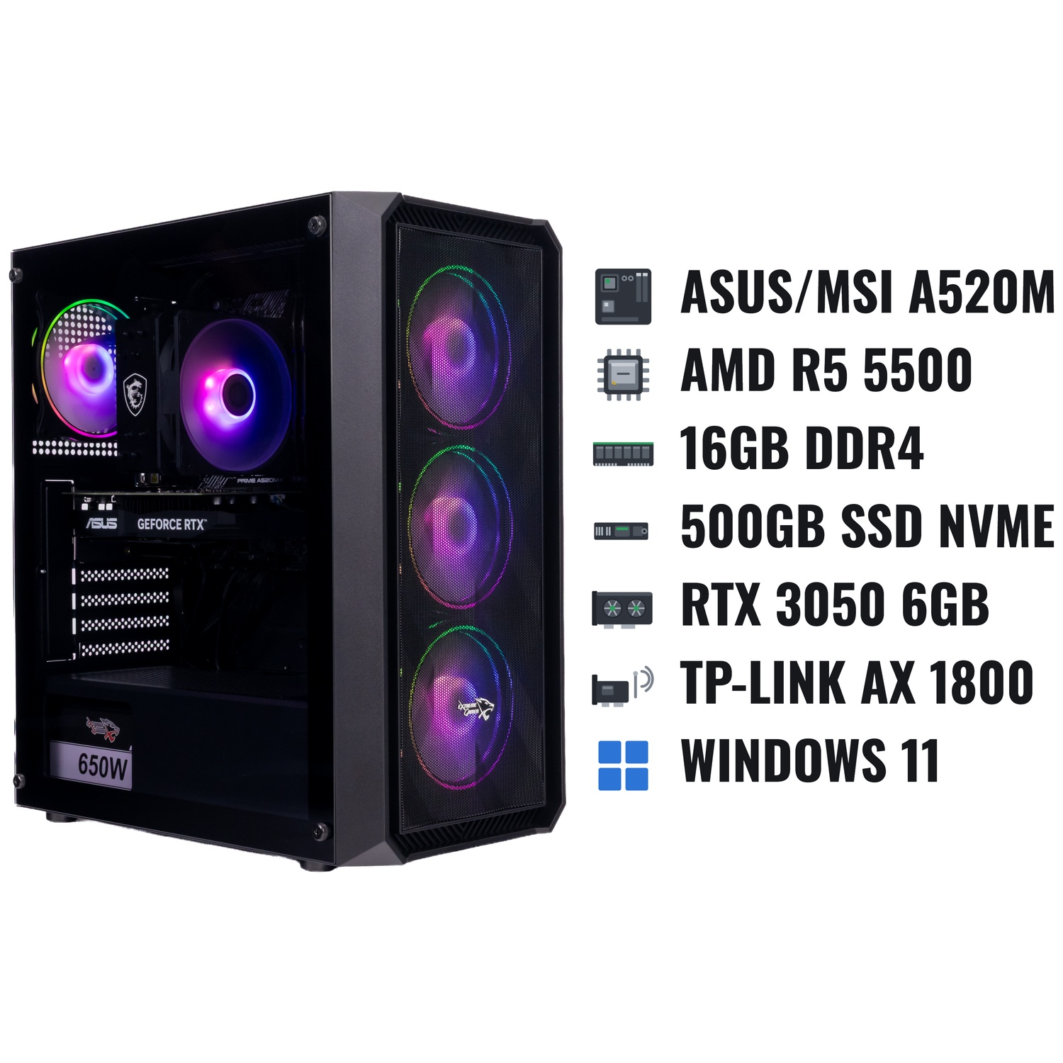 PC de jeu noir avec ventilateurs RGB et spécifications techniques à droite.