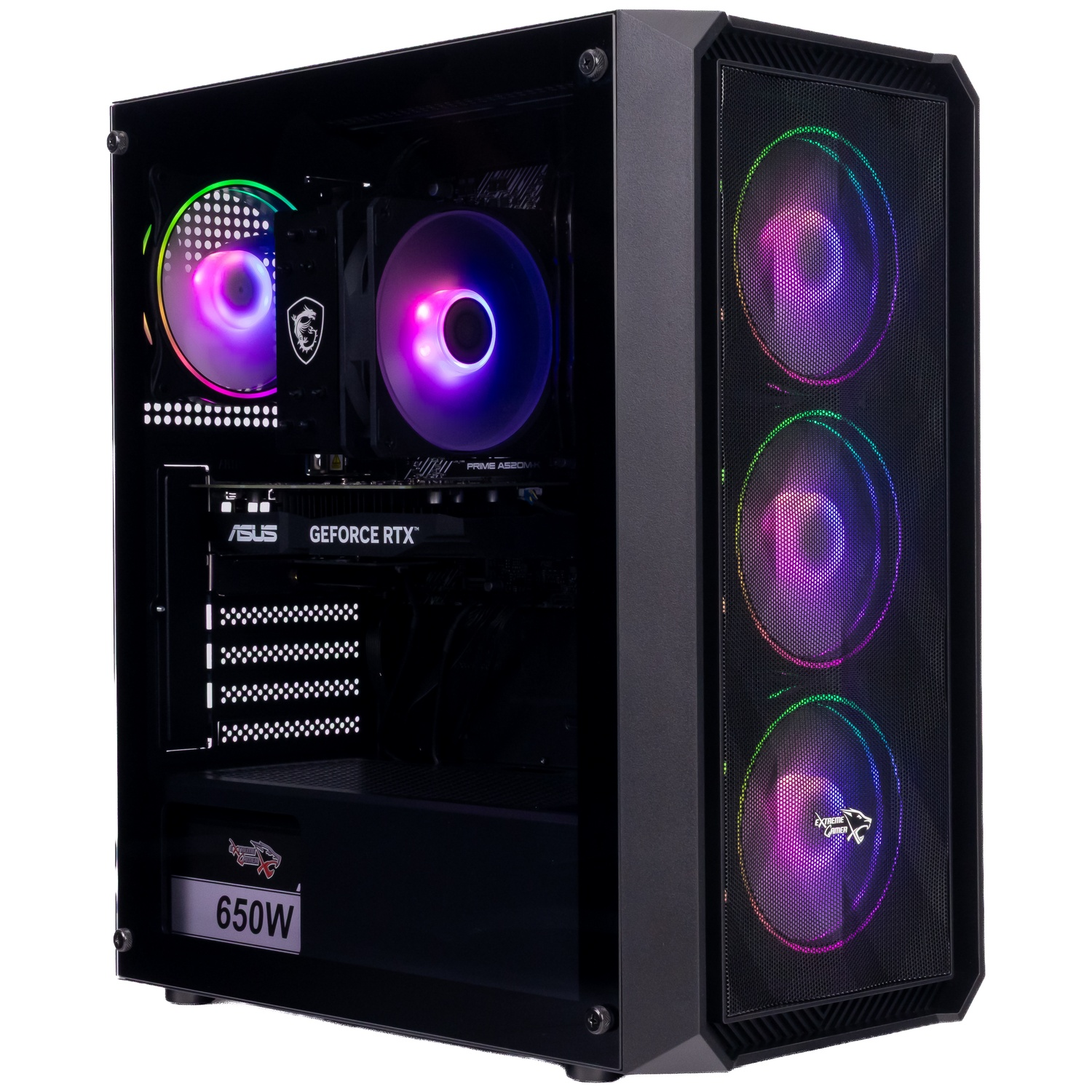 Boîtier de PC noir avec vitre, ventilateurs RGB et composants visibles comme une carte graphique et une alimentation 650W.