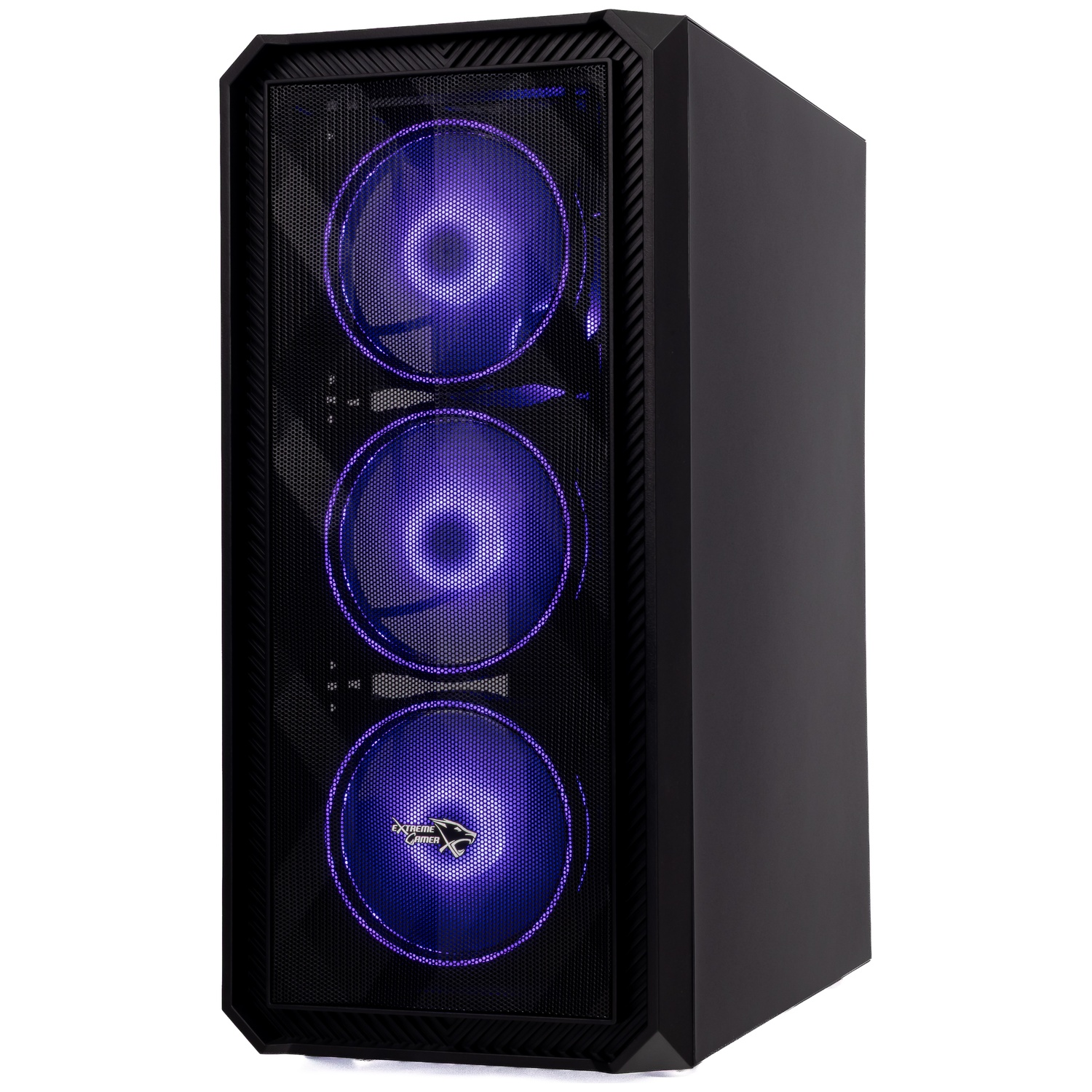 Boîtier de PC noir avec façade en maille et trois ventilateurs violets lumineux sur fond blanc.