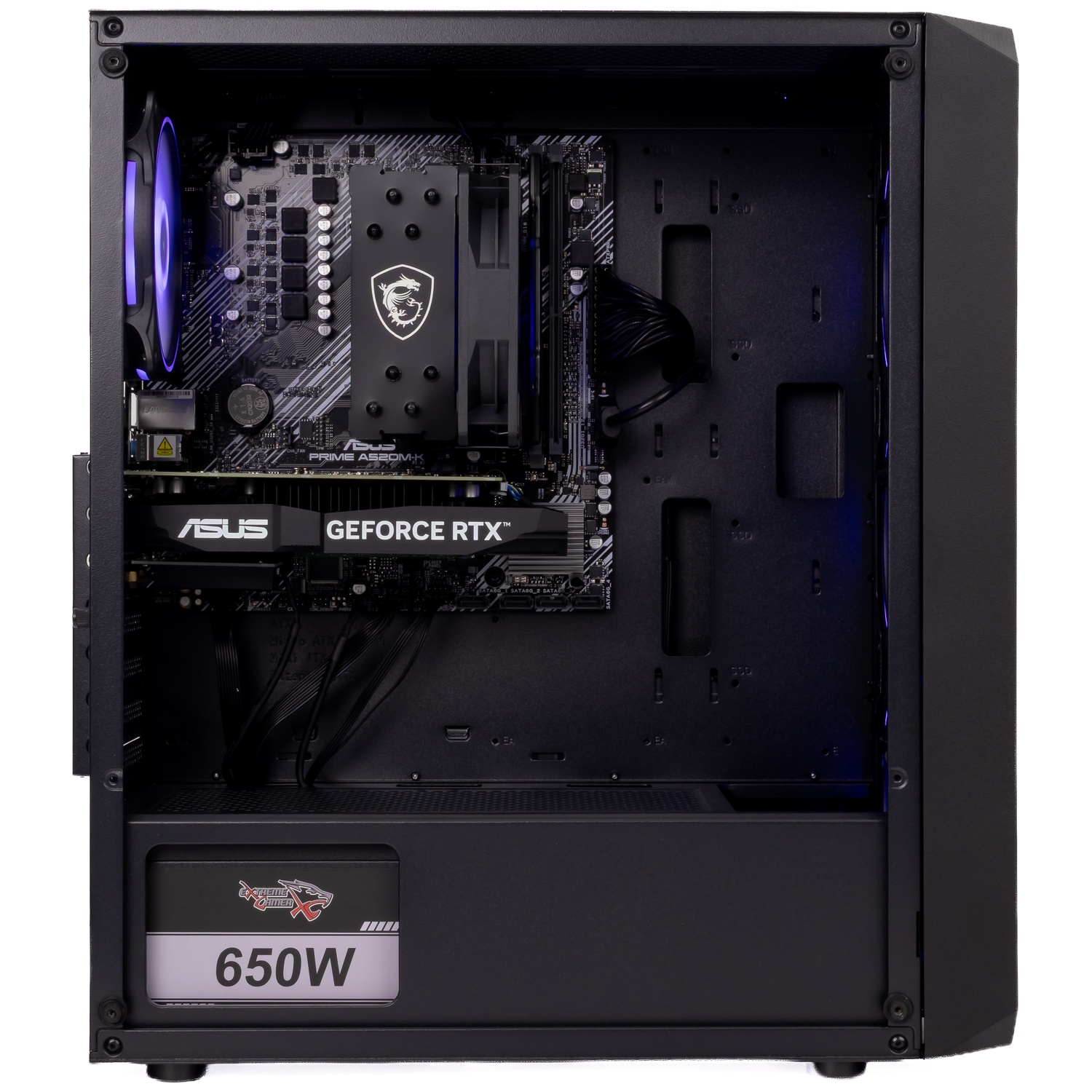 Vue intérieure d'un boîtier de PC noir montrant la carte mère, la carte graphique, le ventirad et l'alimentation 650W.