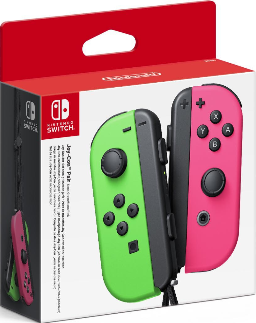 Verpackung von Nintendo Switch Joy-Con in Neon-Grün und Neon-Rosa.