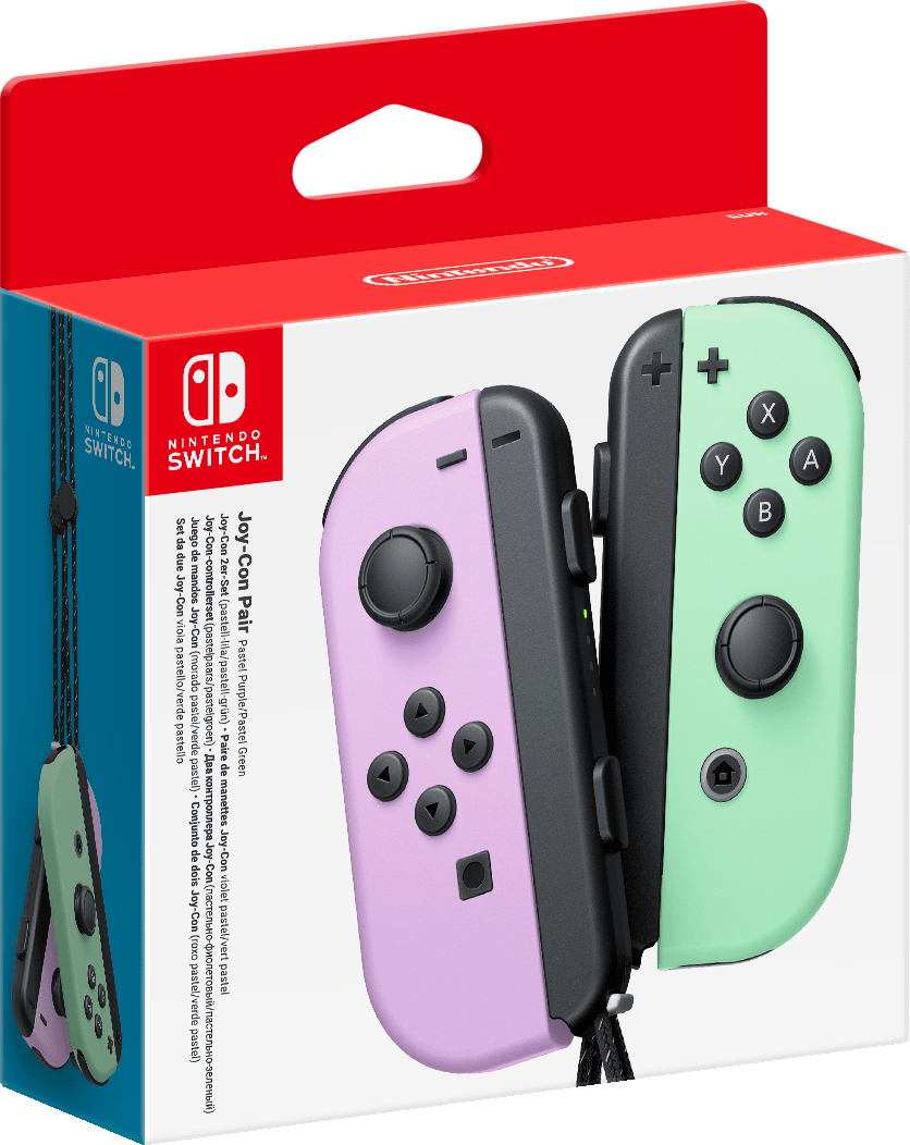 Nintendo Switch Joy-Con Paar in Pastell-Lila und Pastell-Grün in einer Verpackung.