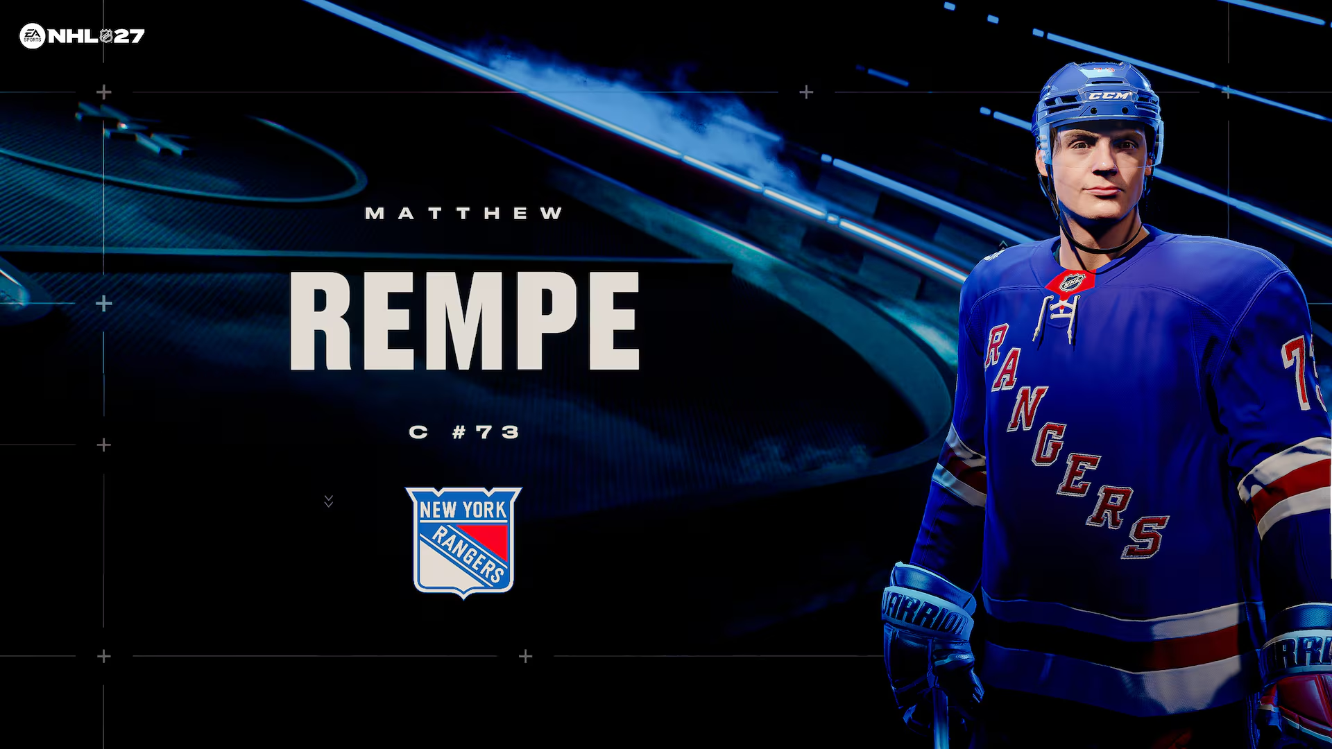 Il giocatore di hockey Matthew Rempe con la maglia blu dei New York Rangers su sfondo scuro.