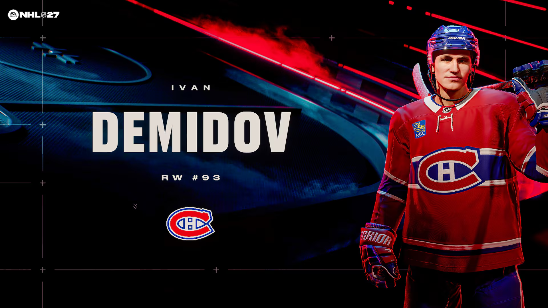 Il giocatore di hockey Ivan Demidov in maglia rossa su sfondo scuro con luci rosse.