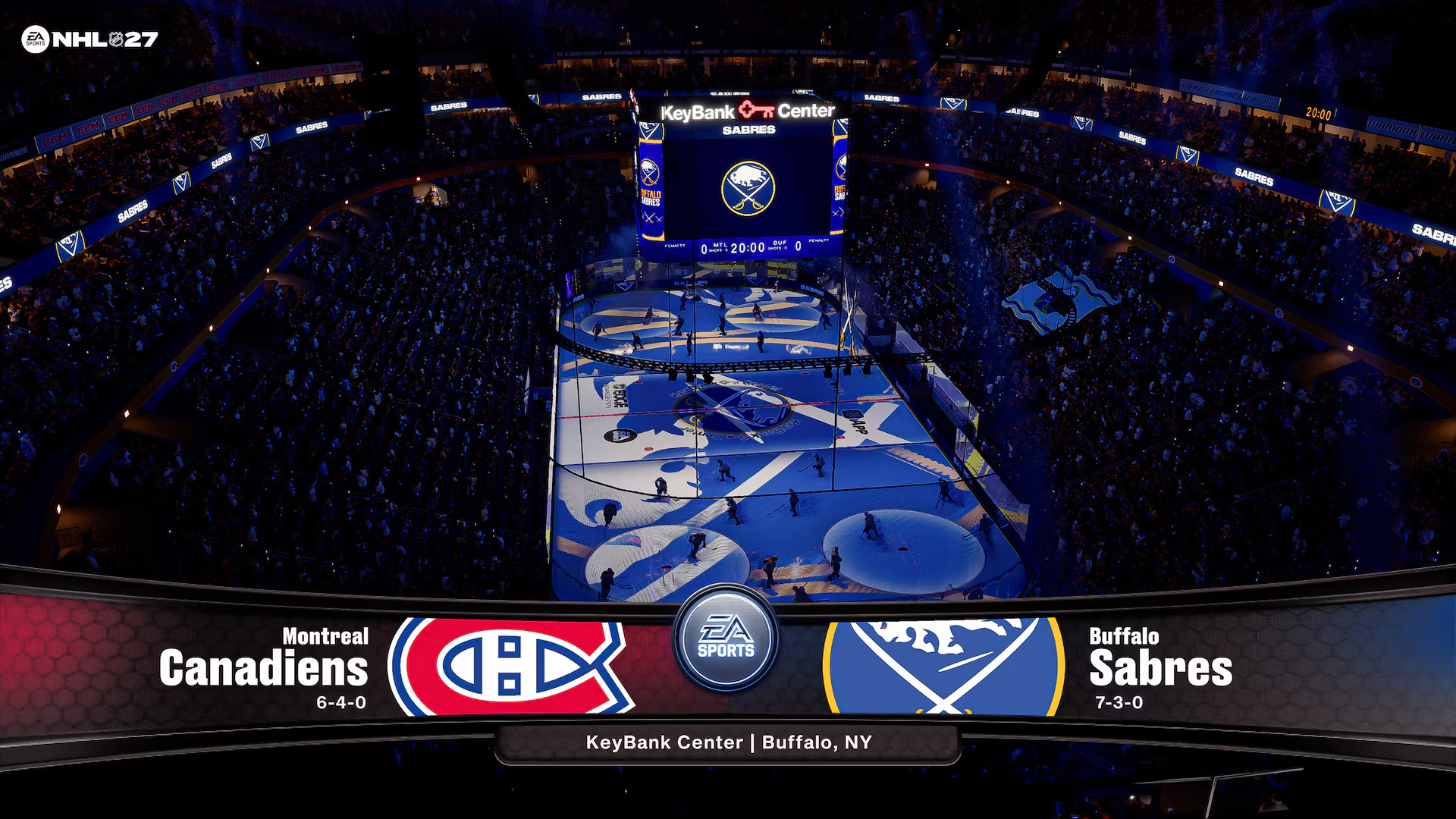 Partita di NHL 27 tra Montreal Canadiens e Buffalo Sabres al KeyBank Center con pubblico gremito.