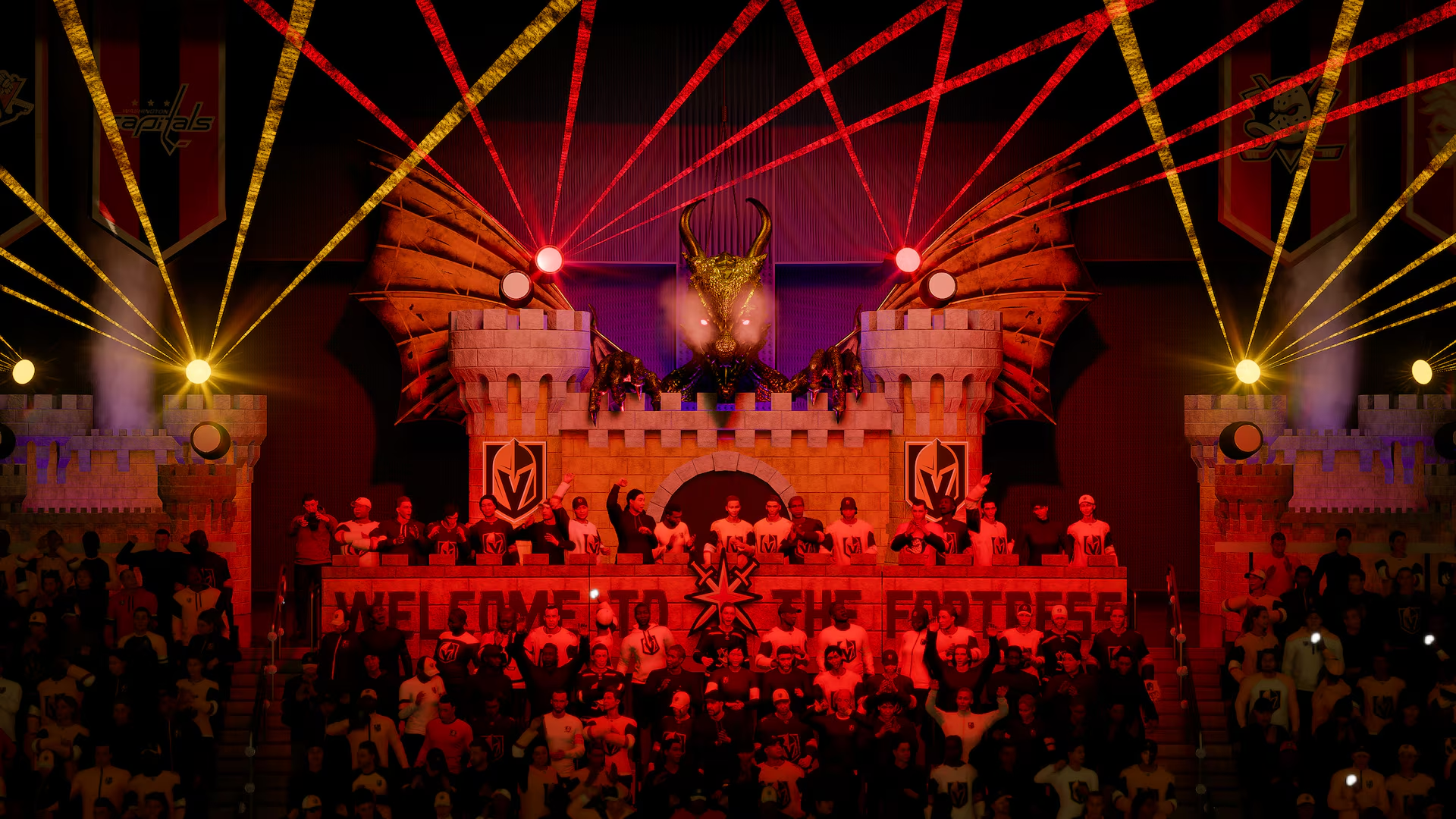 Un palco a castello con un drago d'oro, raggi laser rossi e tifosi festanti in uno stadio illuminato.